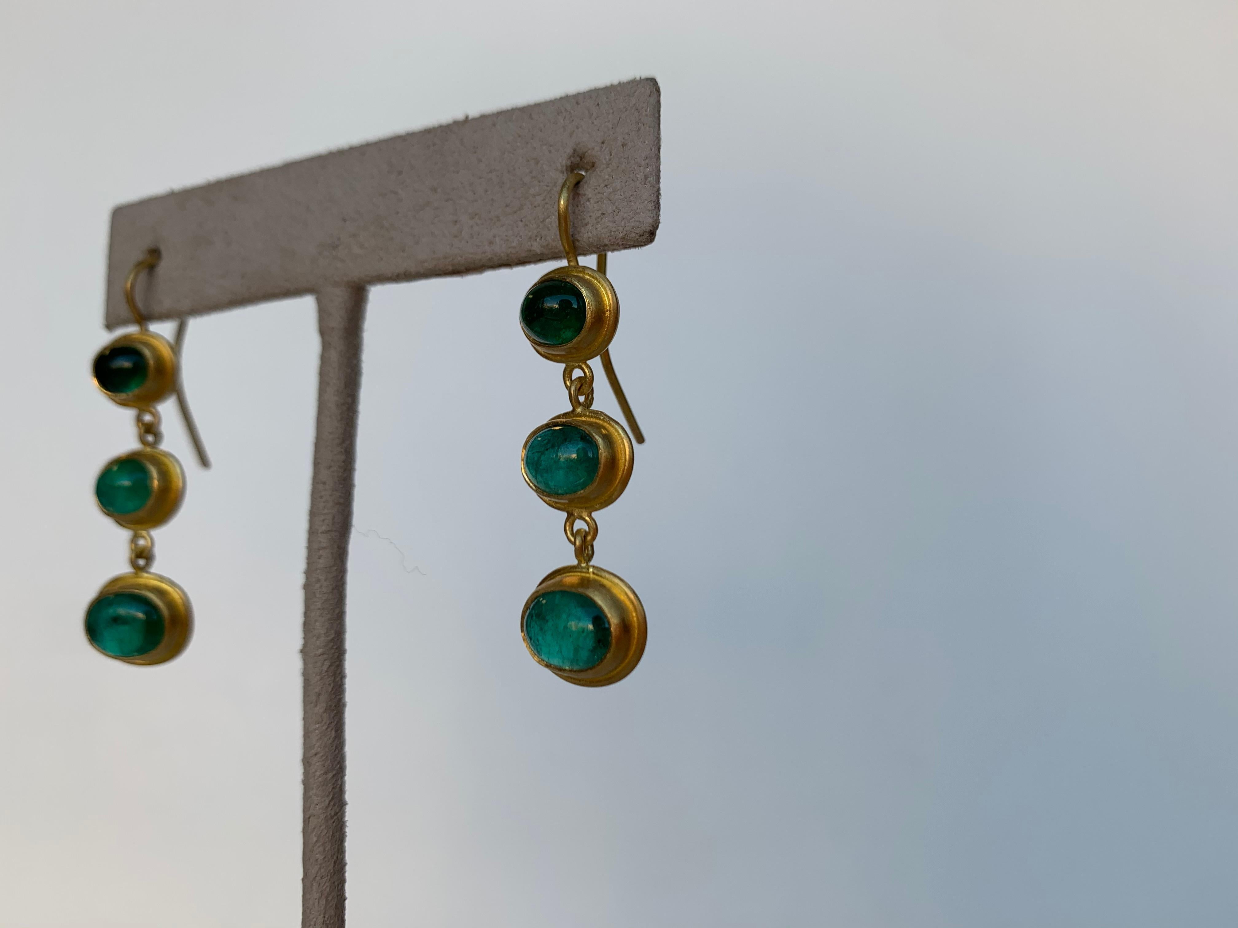 Artisan Emerald and 22 Karat Yellow Gold Earrings For Sale