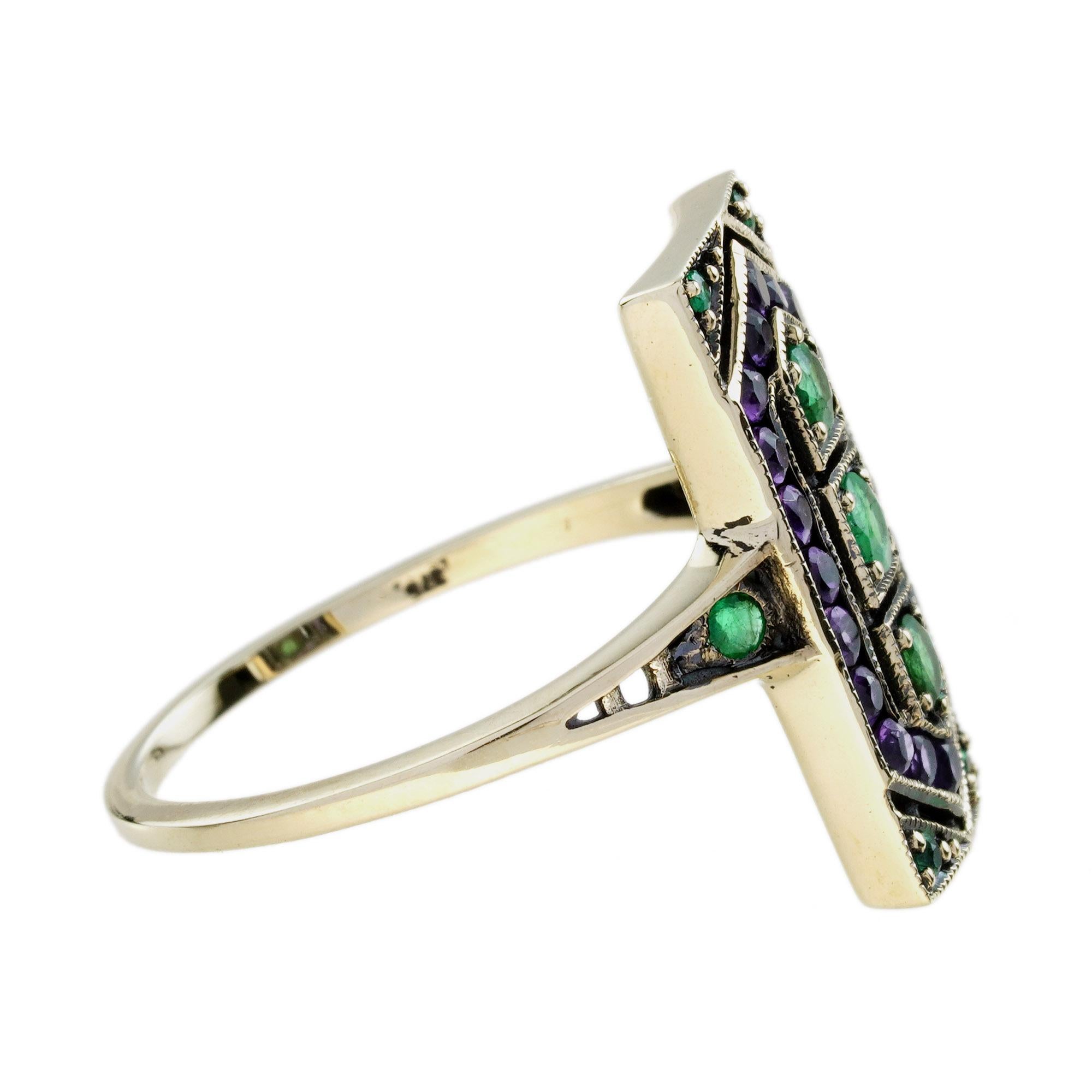 Anillo Estilo Art Decó de Esmeralda y Amatista en Oro Amarillo de 9 K en venta 5