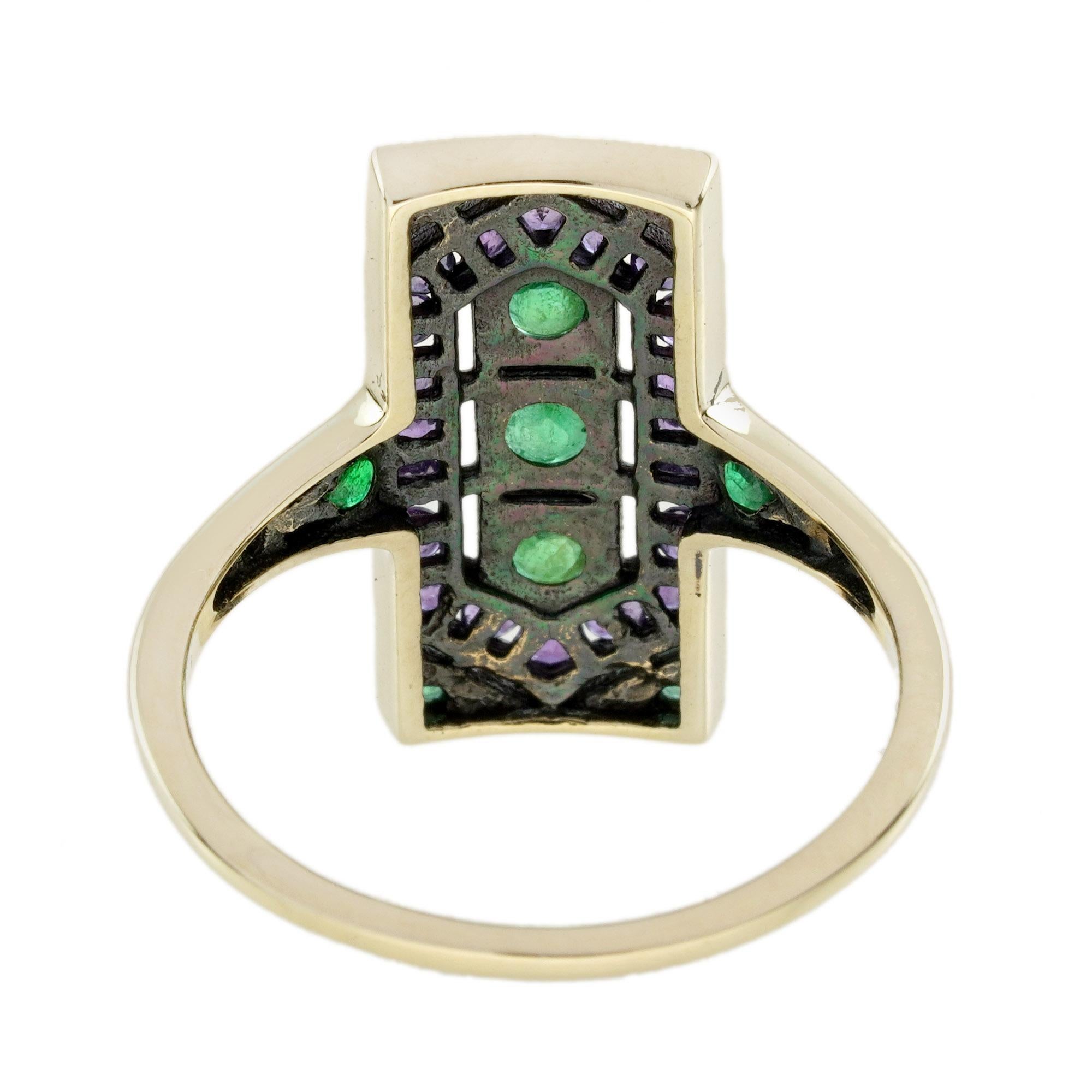 Anillo Estilo Art Decó de Esmeralda y Amatista en Oro Amarillo de 9 K en venta 6
