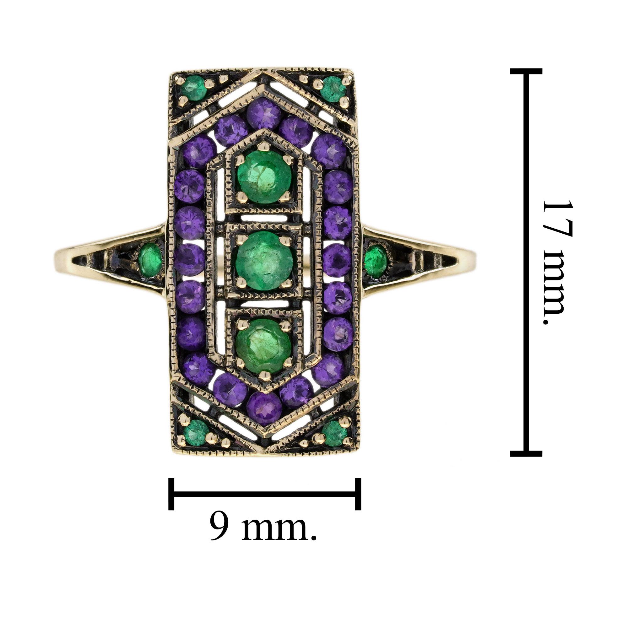 Anillo Estilo Art Decó de Esmeralda y Amatista en Oro Amarillo de 9 K en venta 8