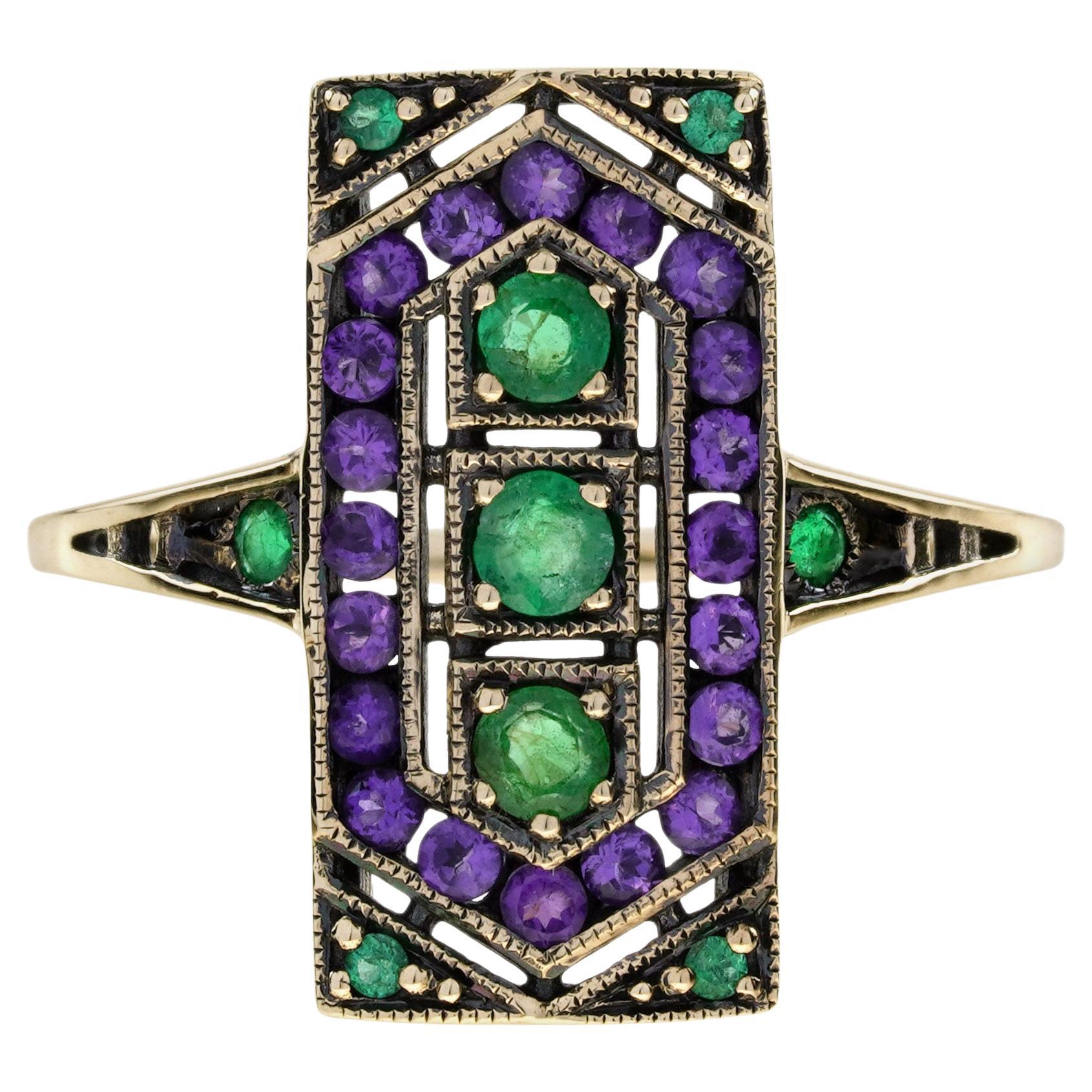 Anillo Estilo Art Decó de Esmeralda y Amatista en Oro Amarillo de 9 K en venta