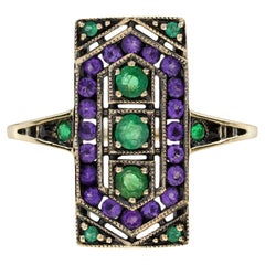Emerald and Amethyst Art Deco Style Ring in 9K Yellow Gold