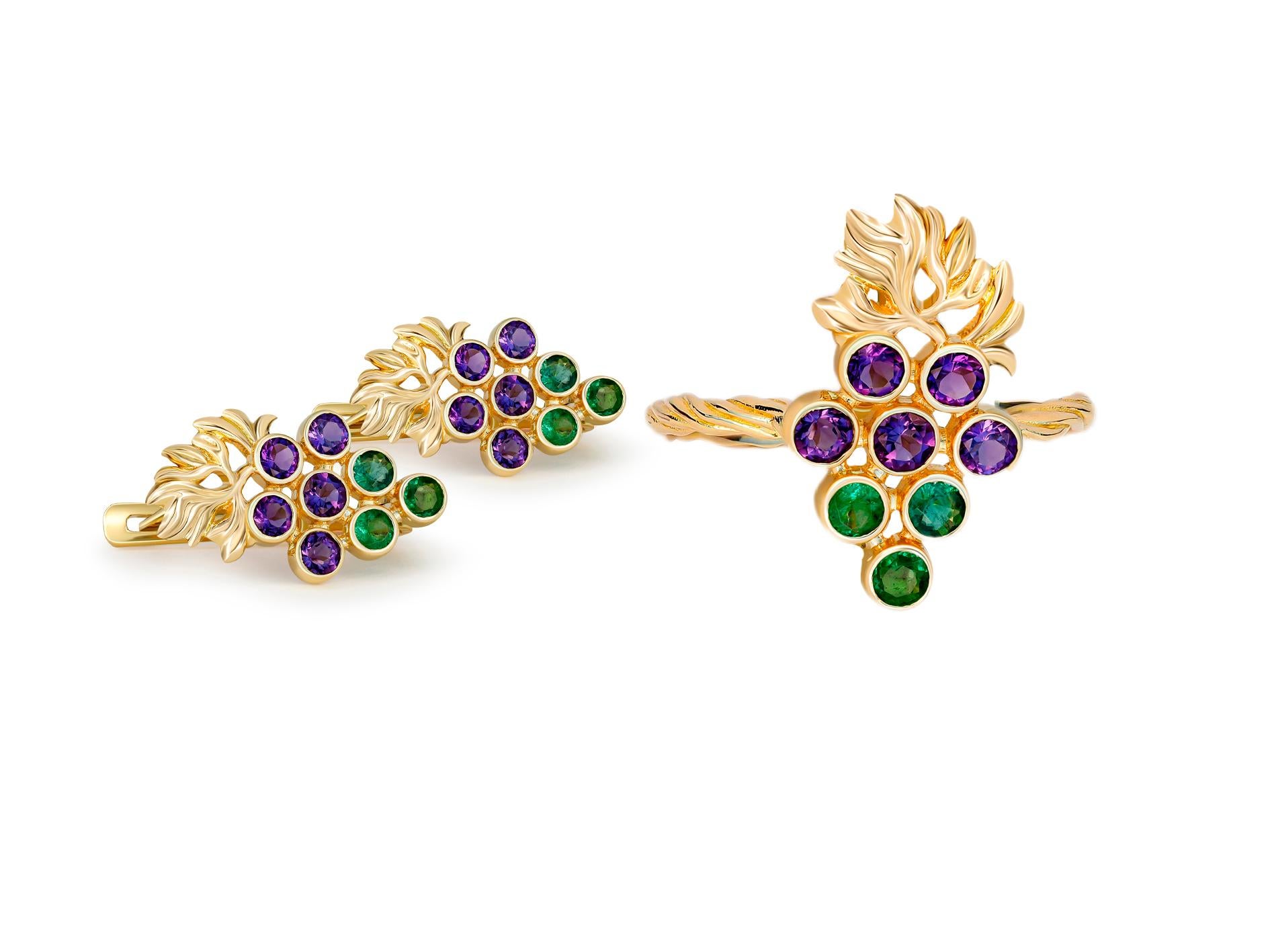 Round Cut Emerald and Amethyst Set: Ring and Earrings in 14k Gold For Sale