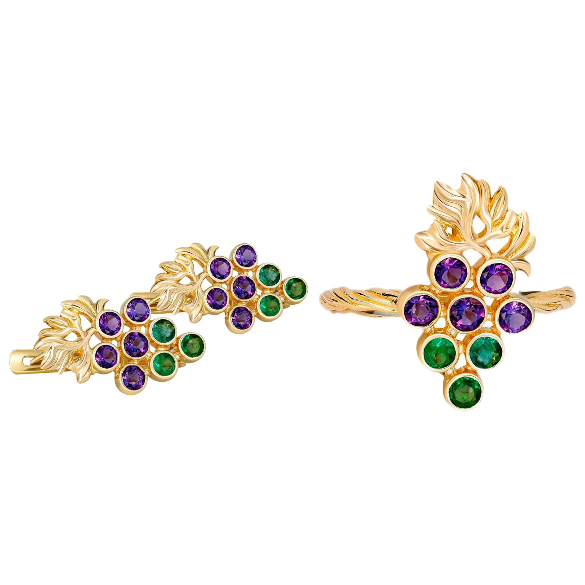 Parure d'émeraude et d'améthyste, bague et boucles d'oreilles en or 14k