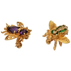 Emerald and Amethyst Yellow Gold Bee Brooch Duo