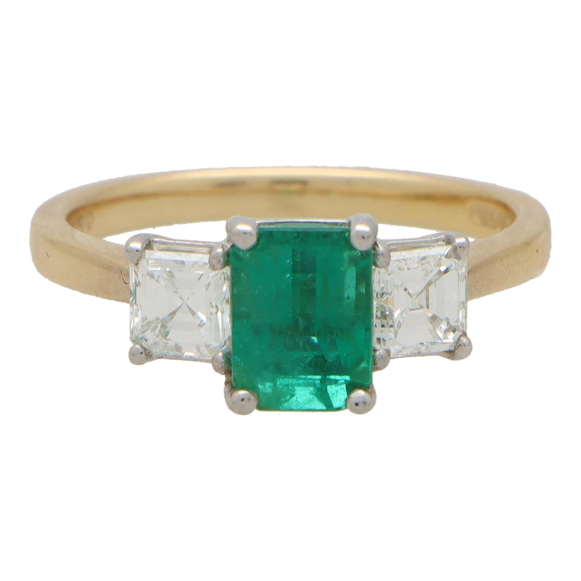 Emerald Cut Emerald and Asscher Cut Diamond Three Stone Ring Set in 18k Yellow Gold For Sale