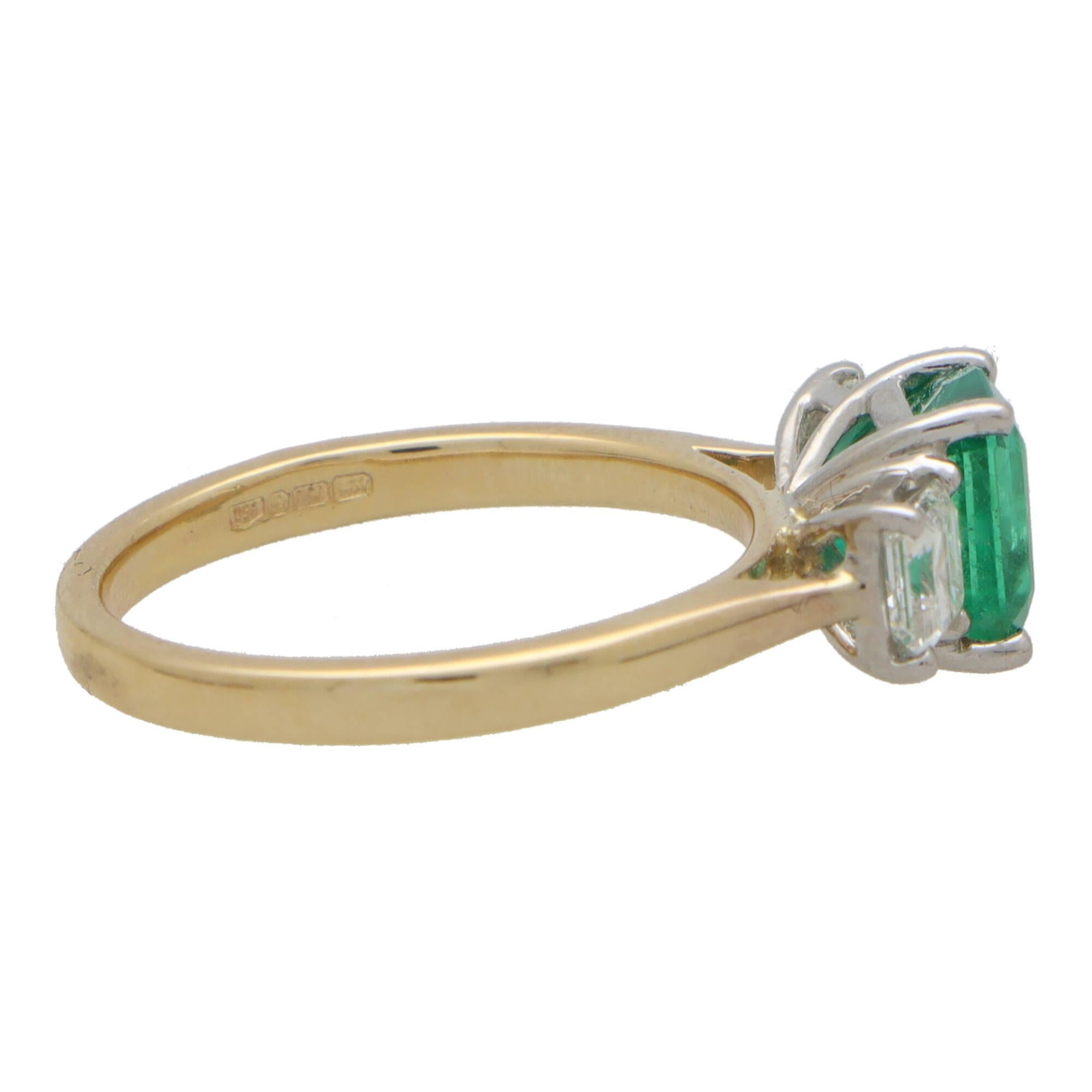 Women's or Men's Emerald and Asscher Cut Diamond Three Stone Ring Set in 18k Yellow Gold For Sale