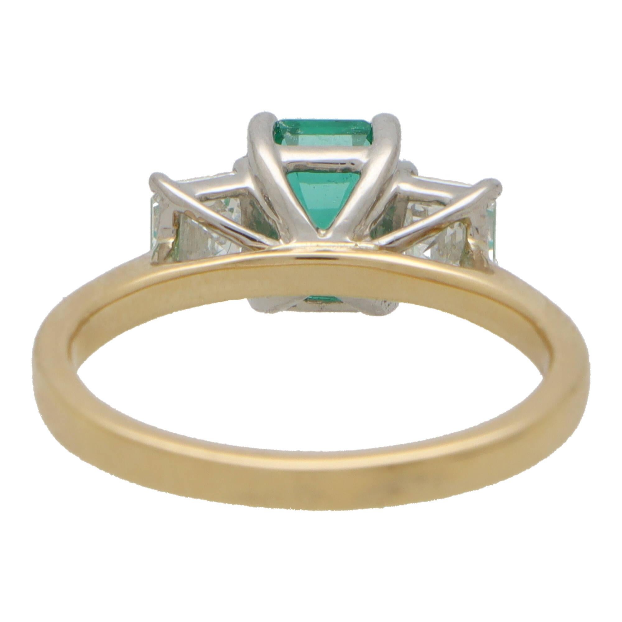 Emerald and Asscher Cut Diamond Three Stone Ring Set in 18k Yellow Gold For Sale 1