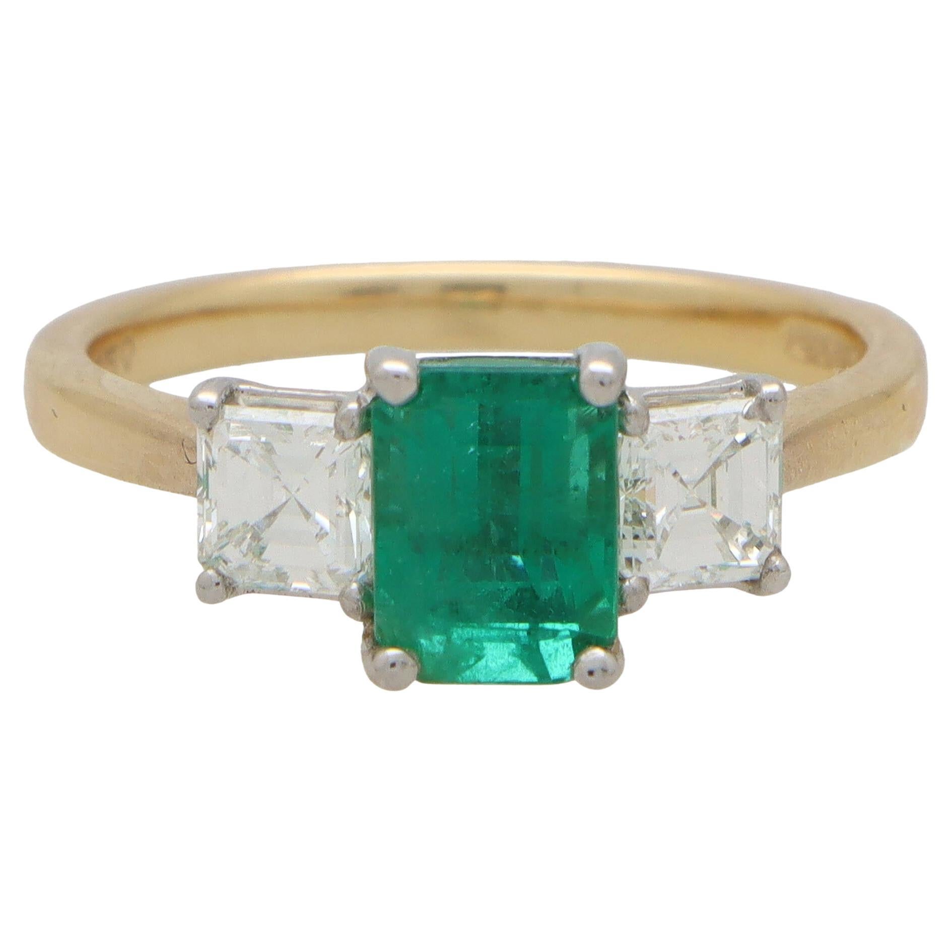 Emerald and Asscher Cut Diamond Three Stone Ring Set in 18k Yellow Gold For Sale