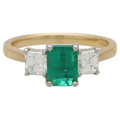 Emerald and Asscher Cut Diamond Three Stone Ring Set in 18k Yellow Gold
