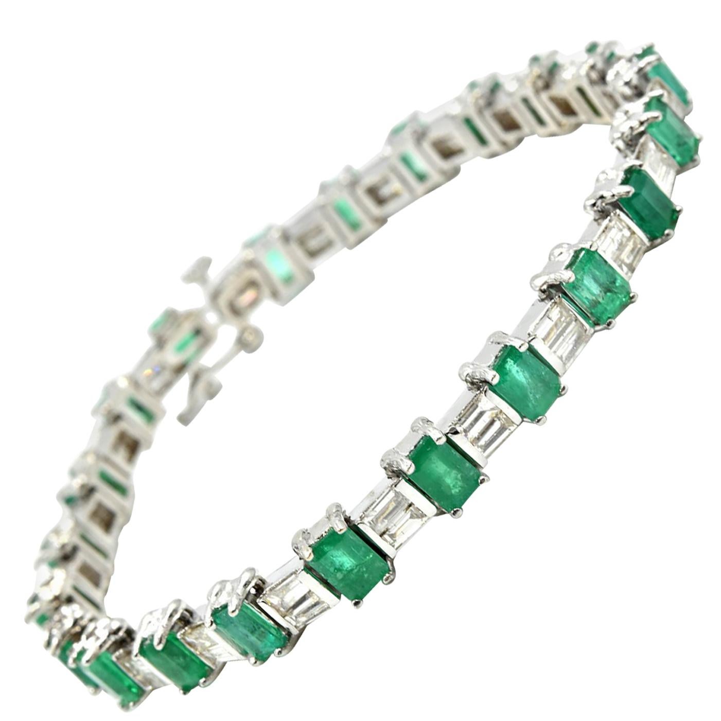 Emerald and Baguette Cut Diamond Tennis Bracelet 14 Karat White Gold