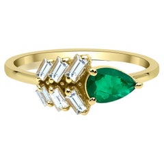 Bague en or jaune massif de 14 carats, émeraude de Colombie et diamant naturel de 0,77 carat