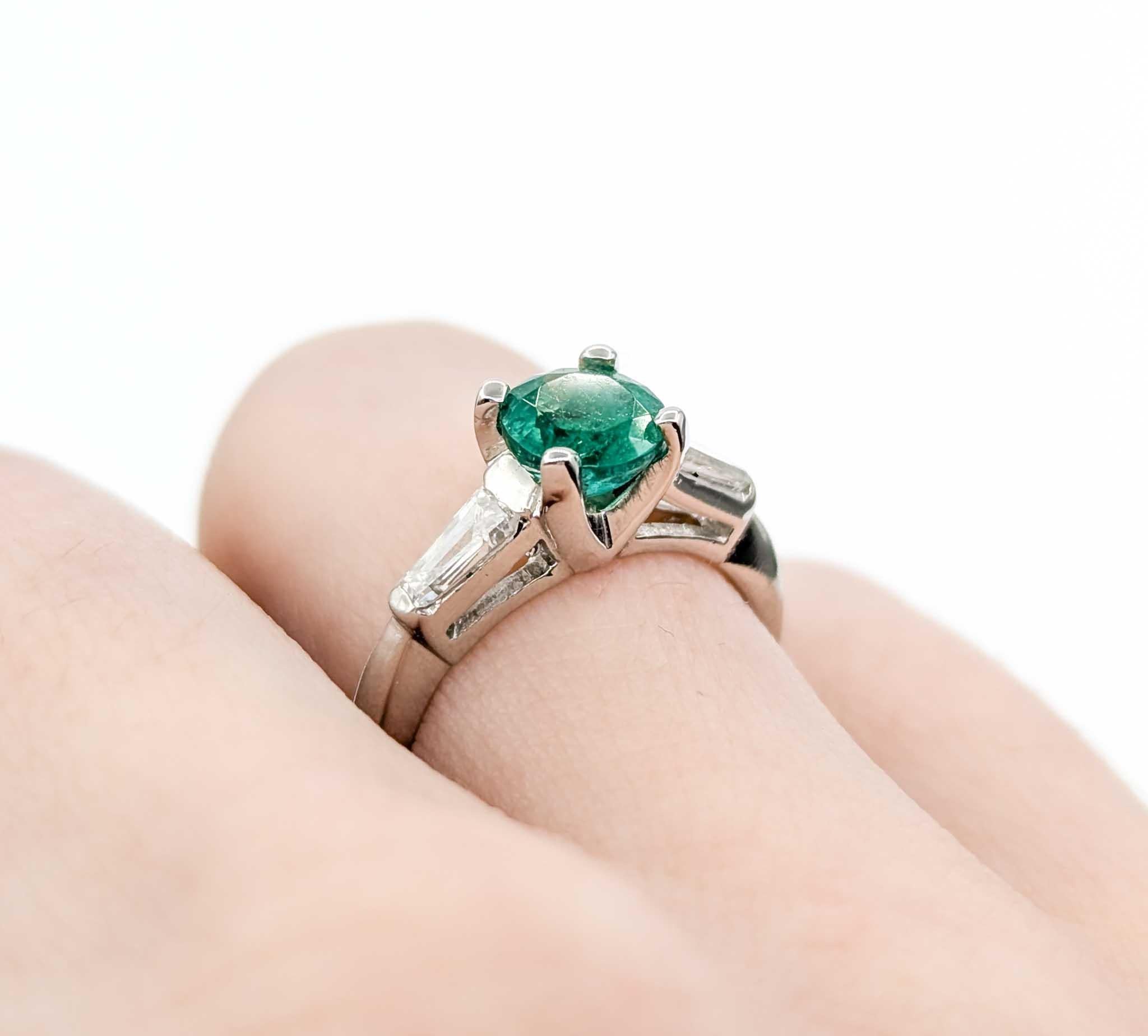 Baguette Cut Emerald and Baguette Diamond Ring in Platinum For Sale