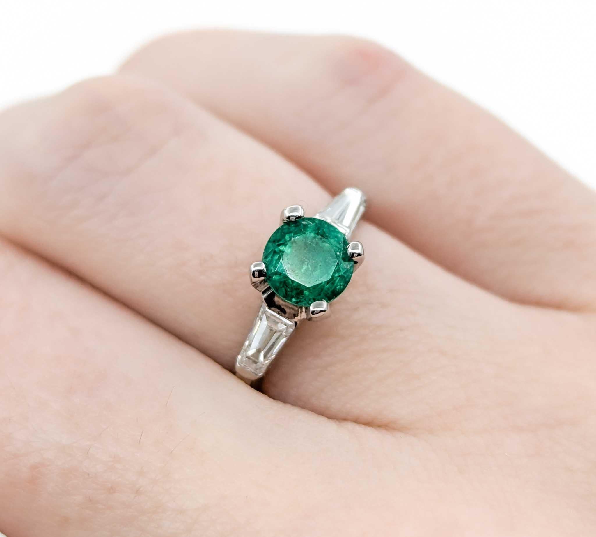 Women's Emerald and Baguette Diamond Ring in Platinum For Sale