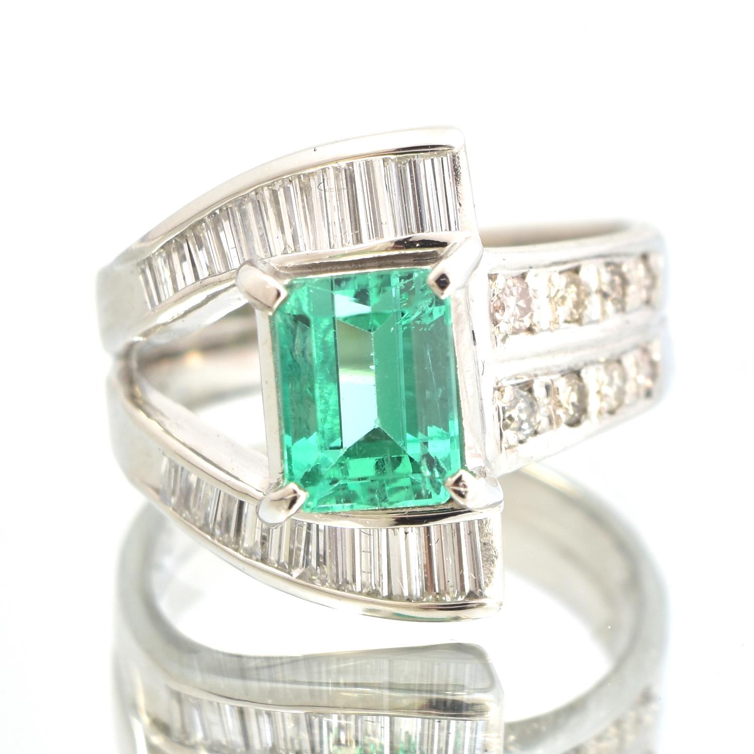 Emerald Cut Emerald and Baguette Diamonds Platinum Ring
