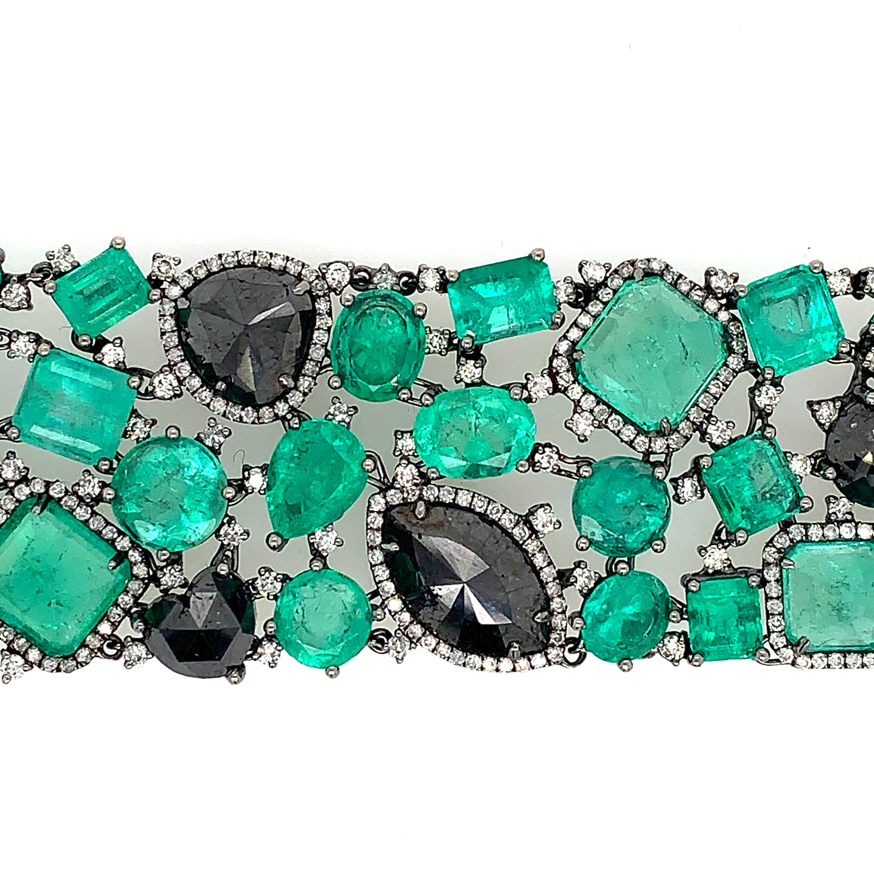 Contemporary RUCHI Colombian Emerald with White and Black Diamond Black Gold Bracelet For Sale