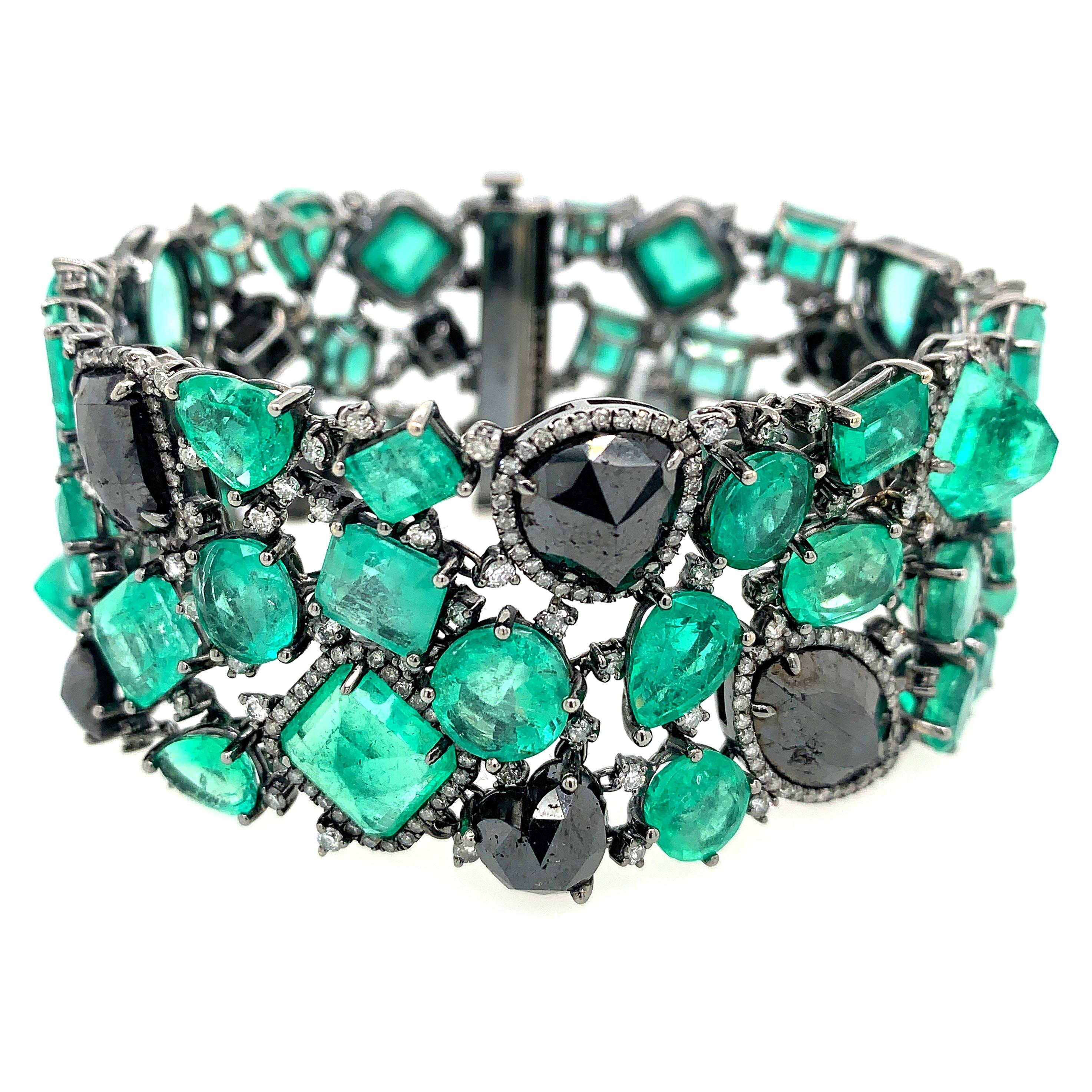 RUCHI Colombian Emerald with White and Black Diamond Black Gold Bracelet For Sale