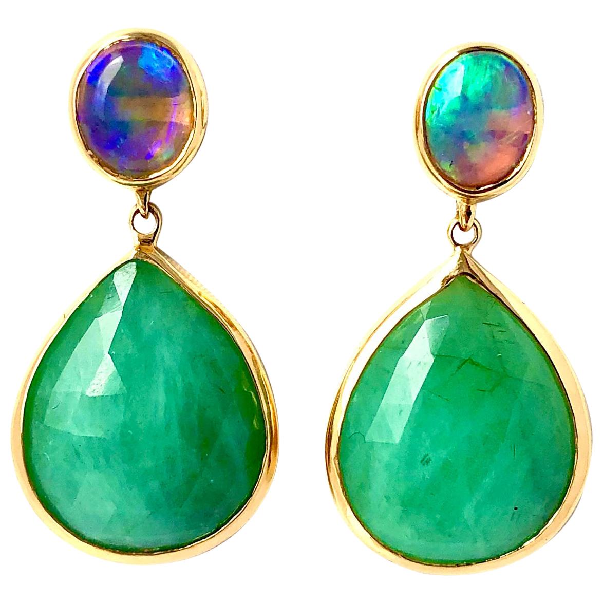 Emerald and Black Opal Drop Earring 18 Karat Gold For Sale