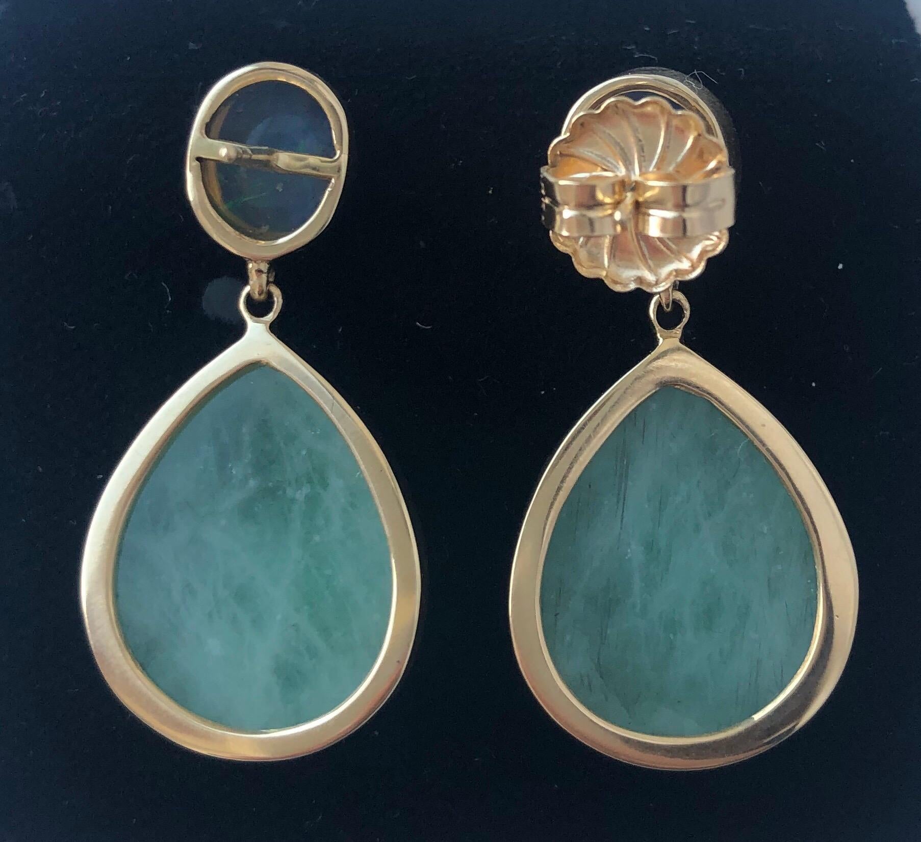 Contemporary Emerald and Black Opal Drop Earring 18 Karat Gold