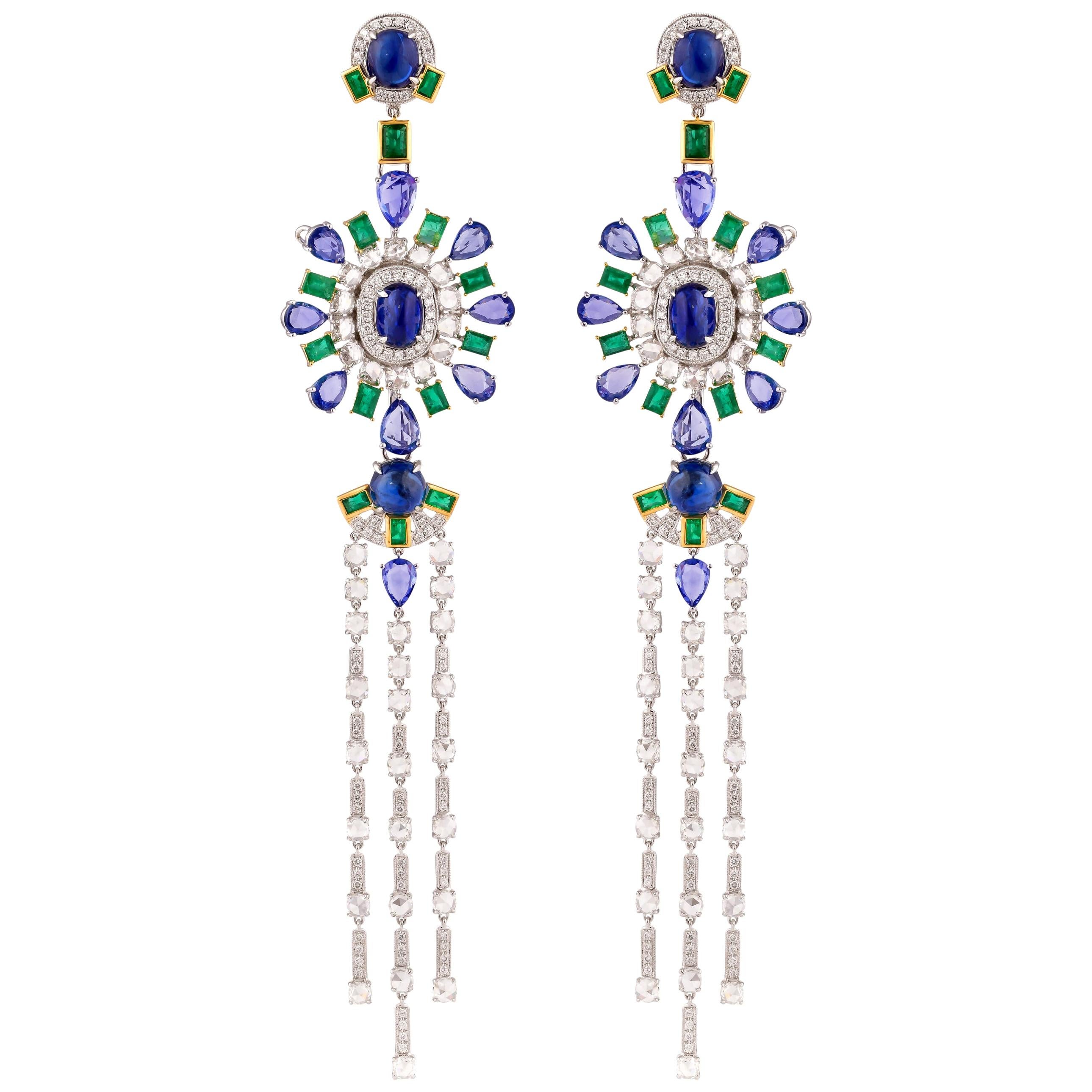 Emerald and Blue Sapphire Earring in 18 Karat White Gold with Diamonds