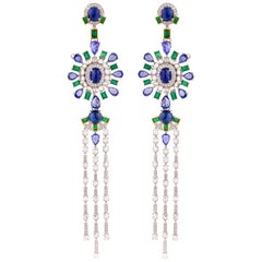 Emerald and Blue Sapphire Earring in 18 Karat White Gold with Diamonds
