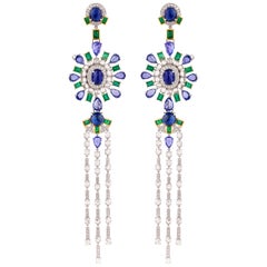 Emerald and Blue Sapphire Earring in 18 Karat White Gold with Diamonds