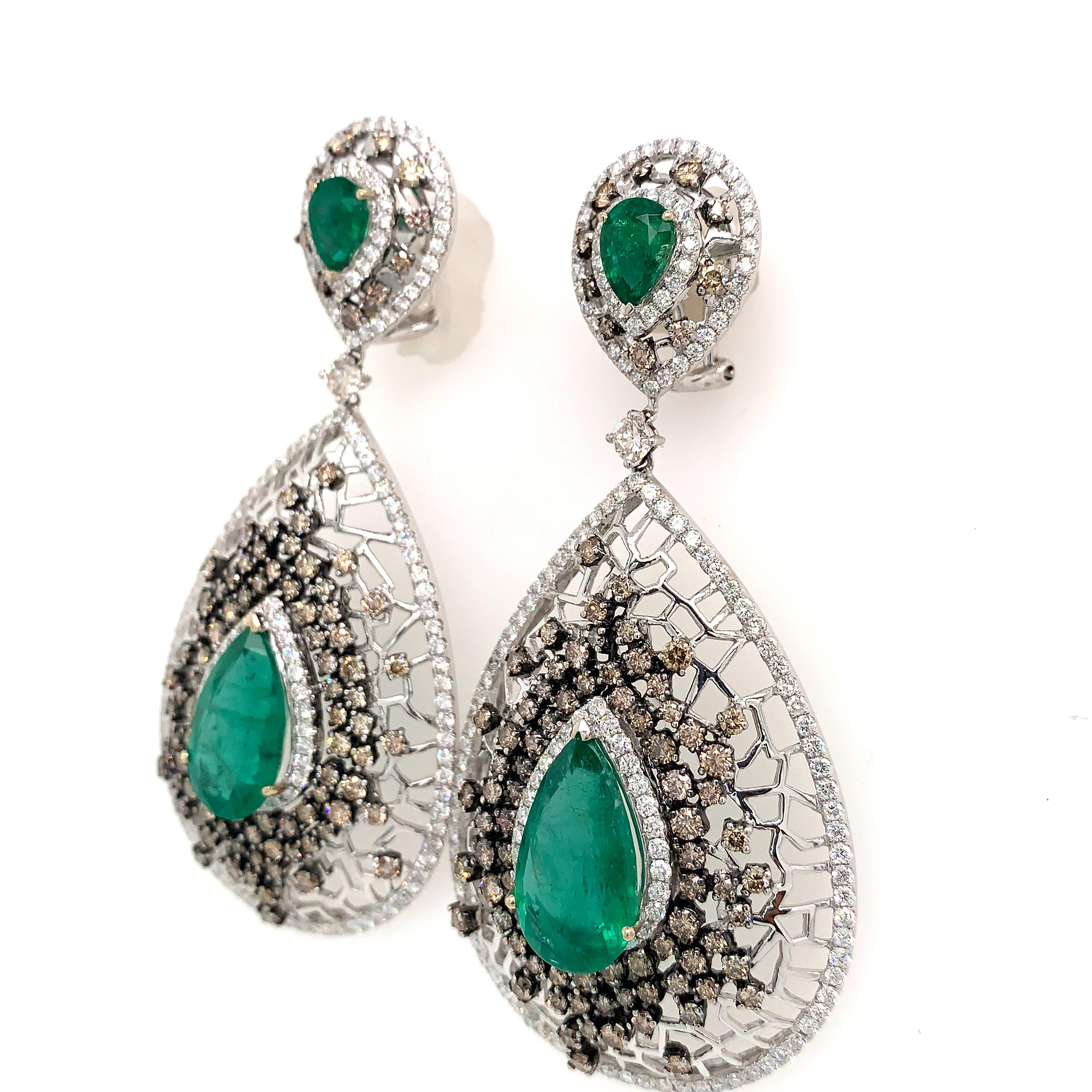 Round Cut RUCHI Pear Shaped Emerald & Brilliant Brown Diamond Statement Dangle Earrings For Sale