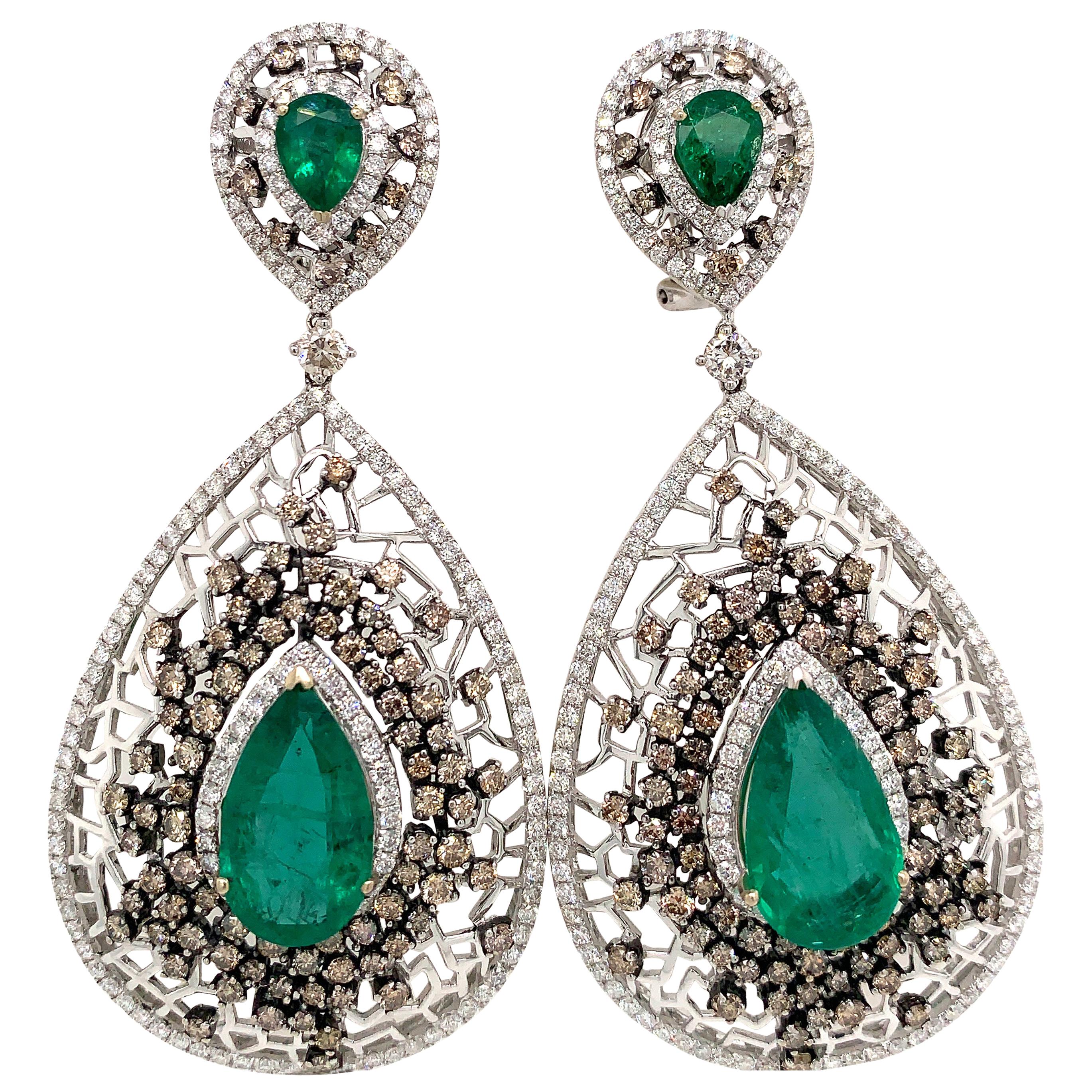 Emerald and Brown Diamond Statement Dangling Earrings