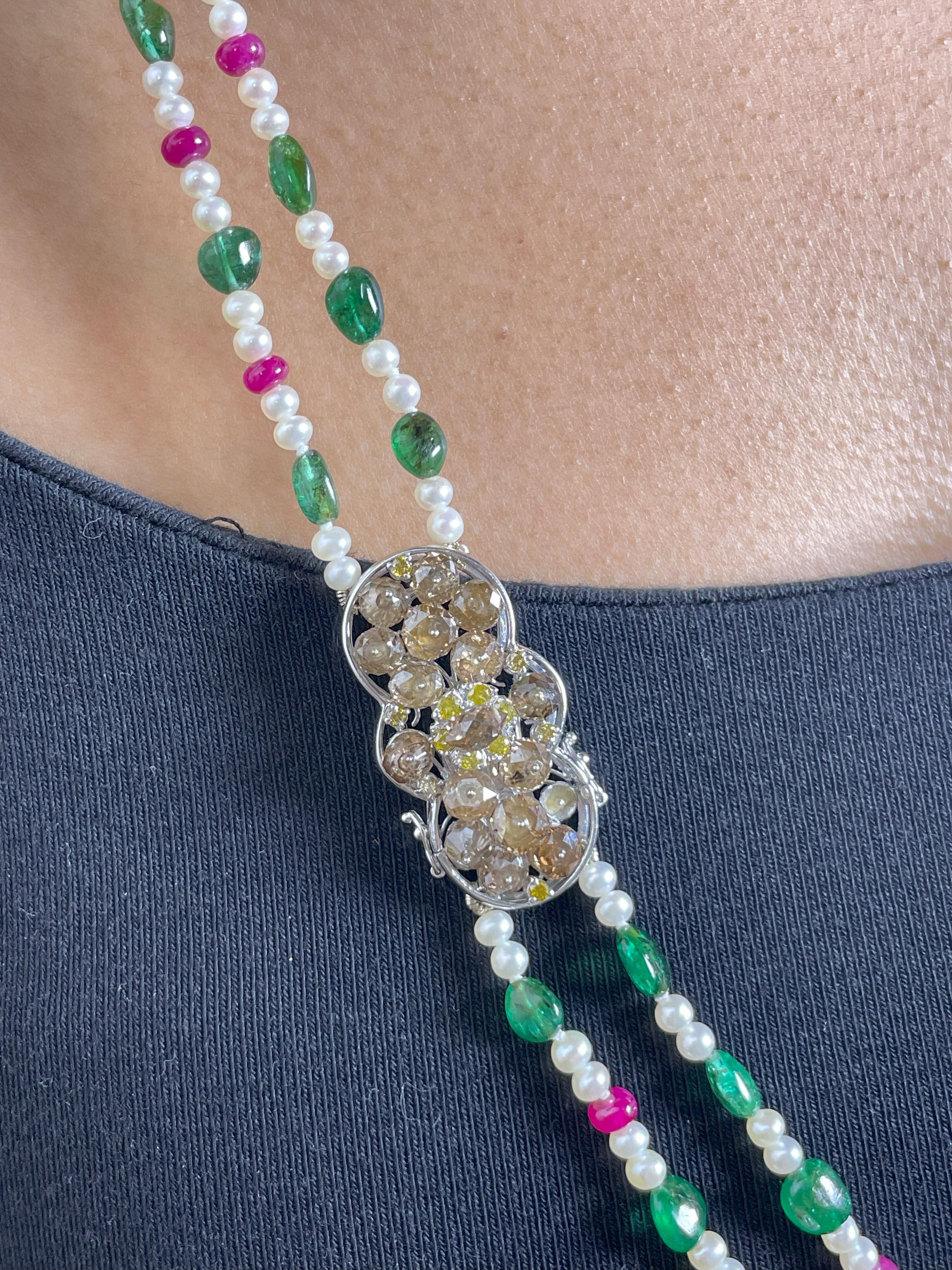 Emerald and Burmese No Heat Red Spinel Beads Brown Diamond Gold Necklace For Sale 3