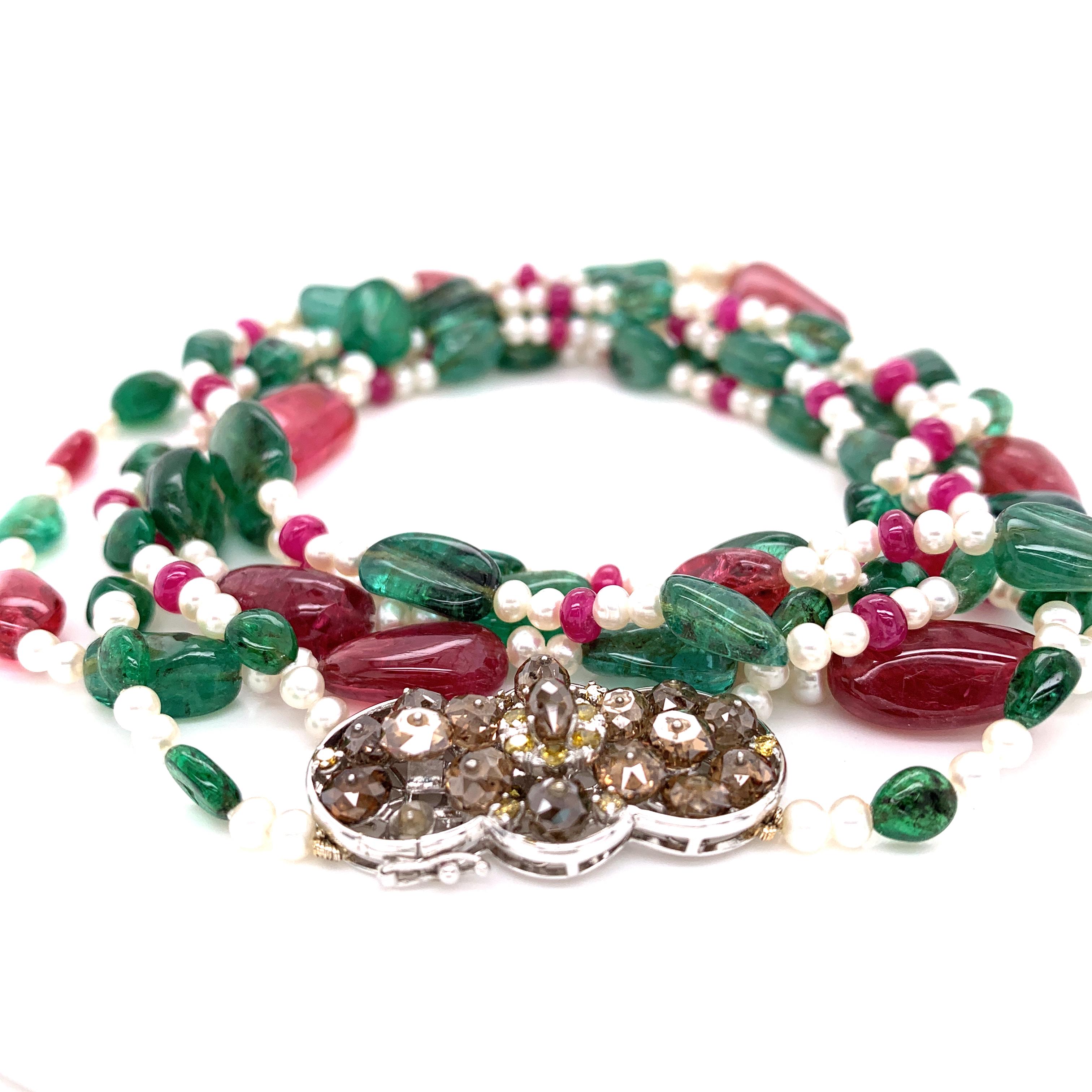 Art Deco Emerald and Burmese No Heat Red Spinel Beads Brown Diamond Gold Necklace For Sale