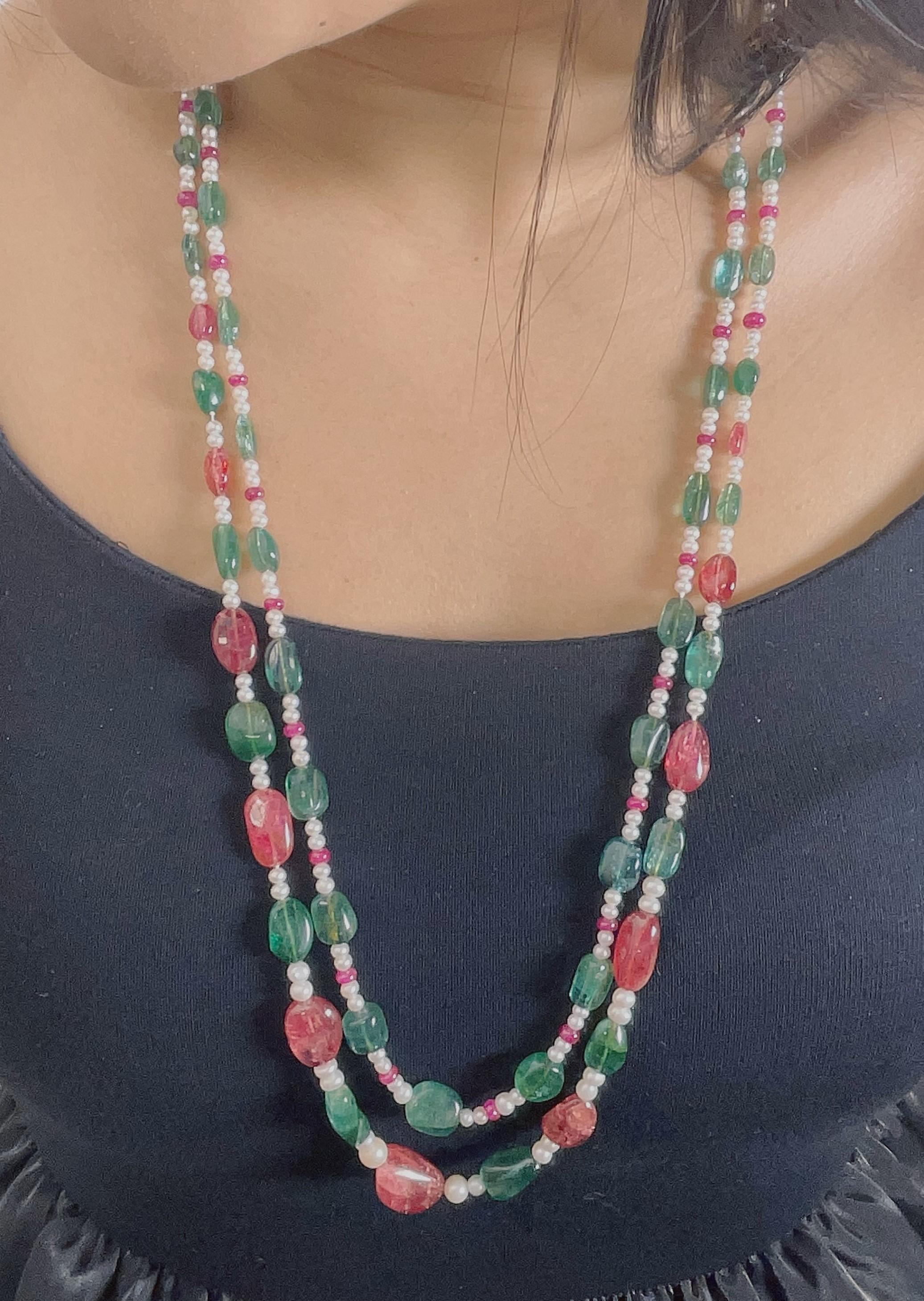 Emerald and Burmese No Heat Red Spinel Beads Brown Diamond Gold Necklace In New Condition For Sale In Hong Kong, HK