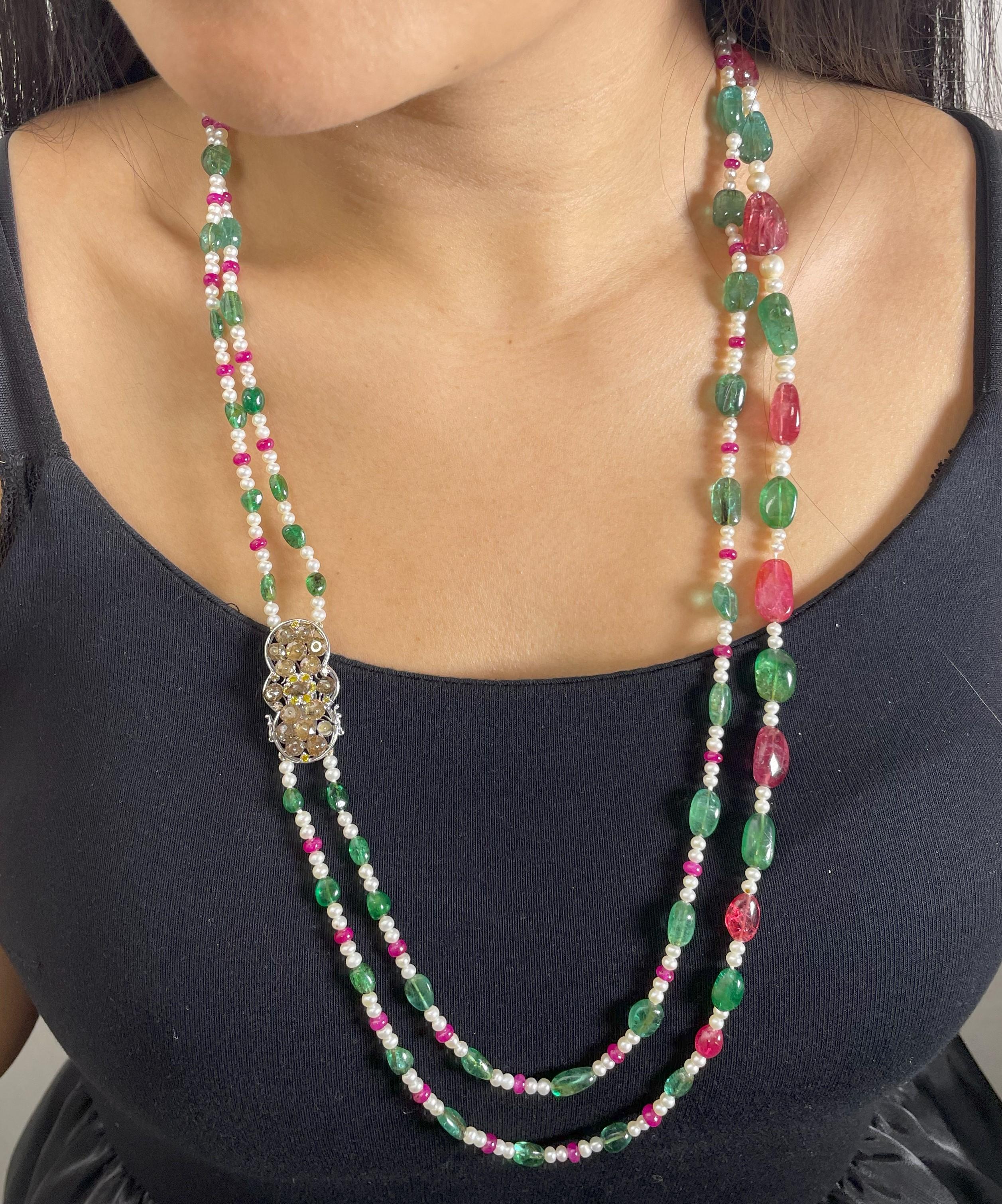 Emerald and Burmese No Heat Red Spinel Beads Brown Diamond Gold Necklace For Sale 1