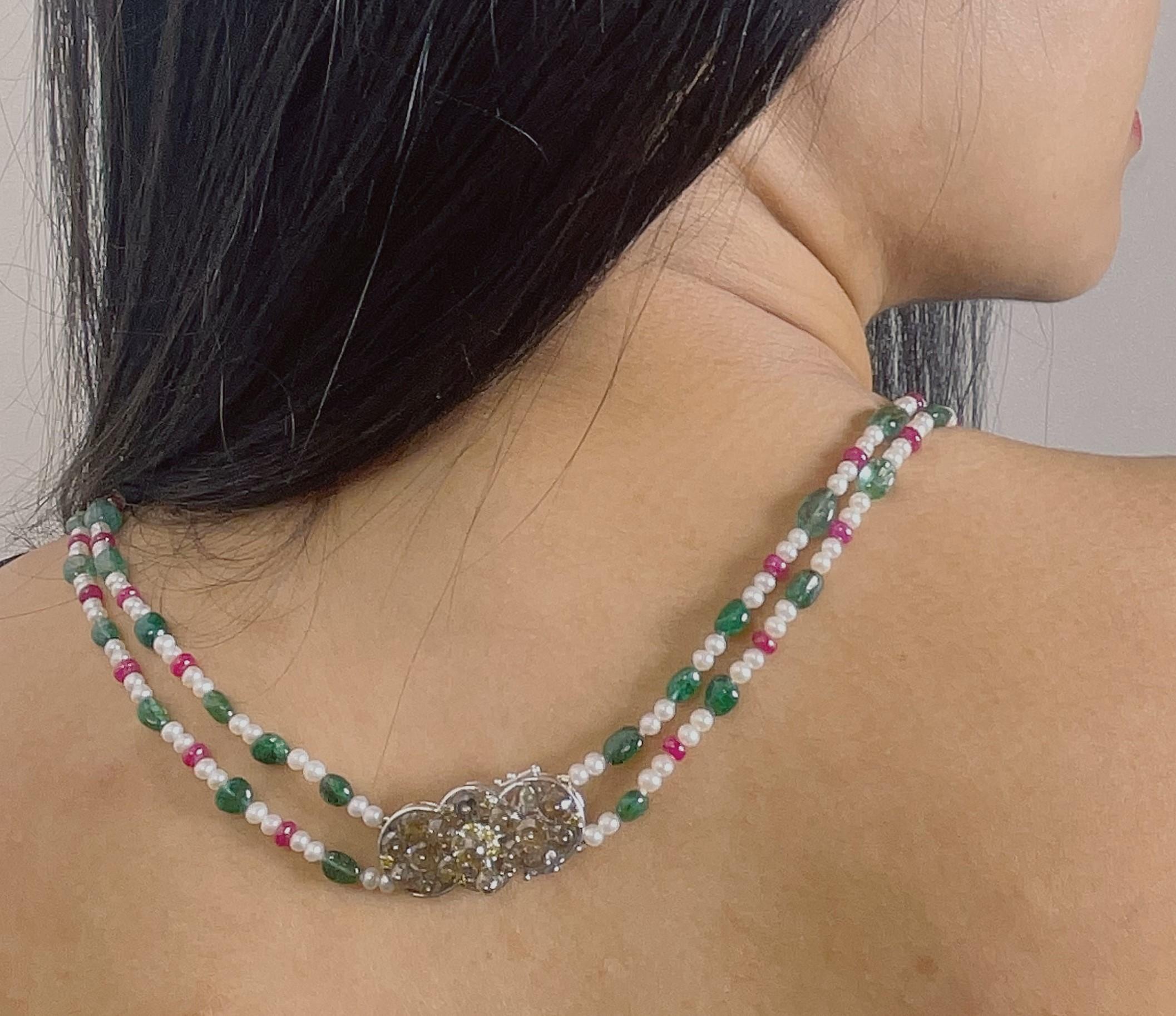 Emerald and Burmese No Heat Red Spinel Beads Brown Diamond Gold Necklace For Sale 1