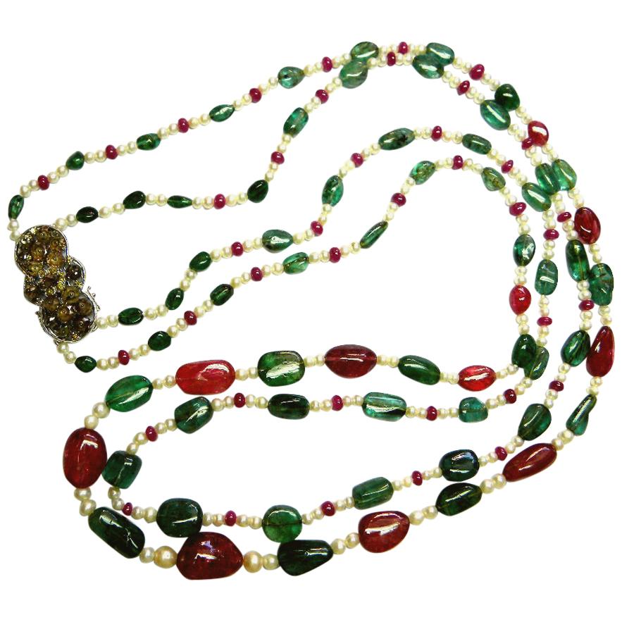 Emerald and Burmese No Heat Red Spinel Beads Brown Diamond Gold Necklace