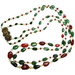 Emerald and Burmese No Heat Red Spinel Beads Brown Diamond Gold Necklace