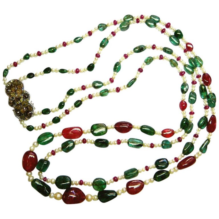 Emerald and Burmese No Heat Red Spinel Beads Brown Diamond Gold Necklace For Sale