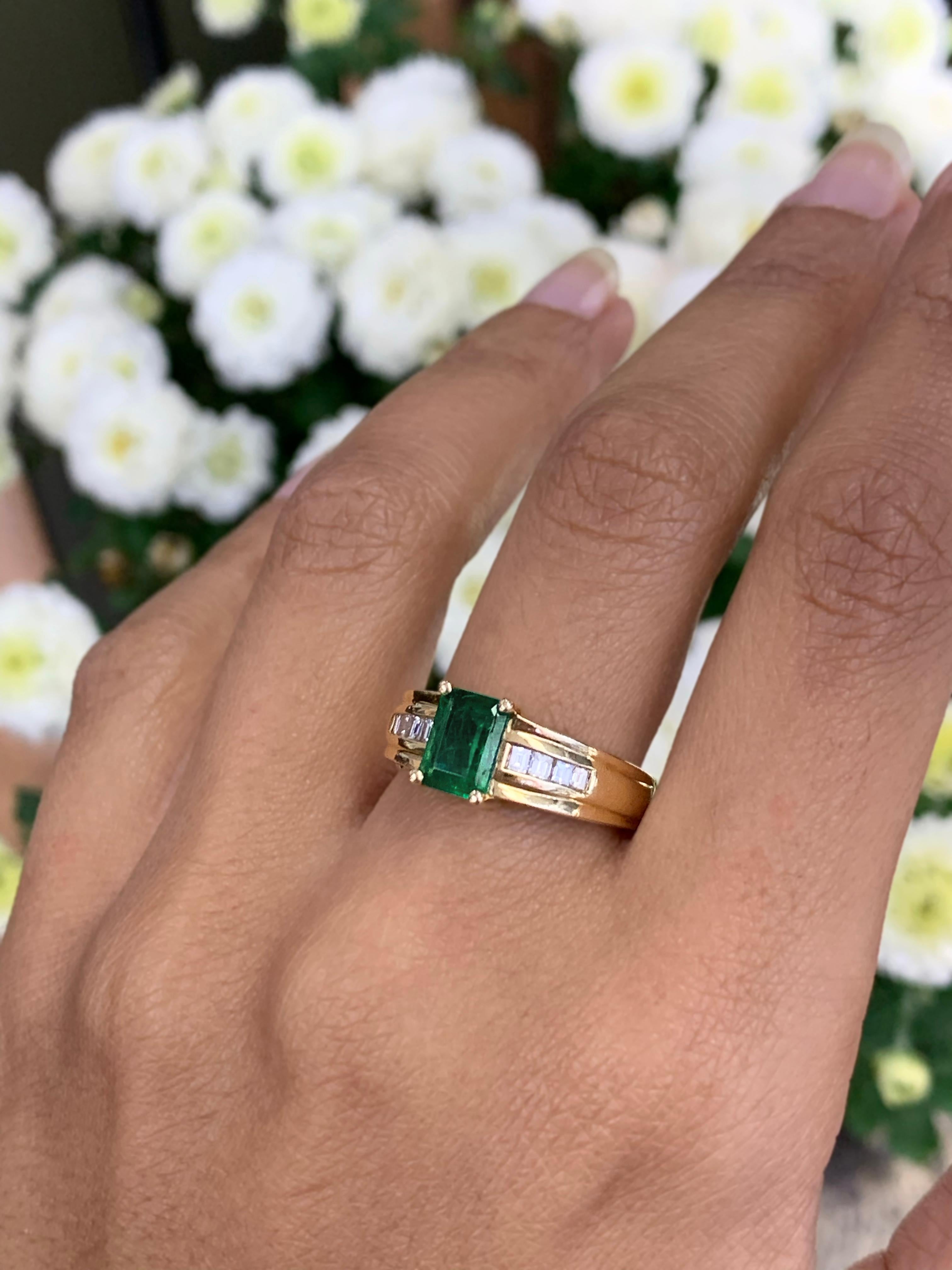 Emerald Cut Emerald and Diamond 14 Carat Yellow Gold Ring For Sale