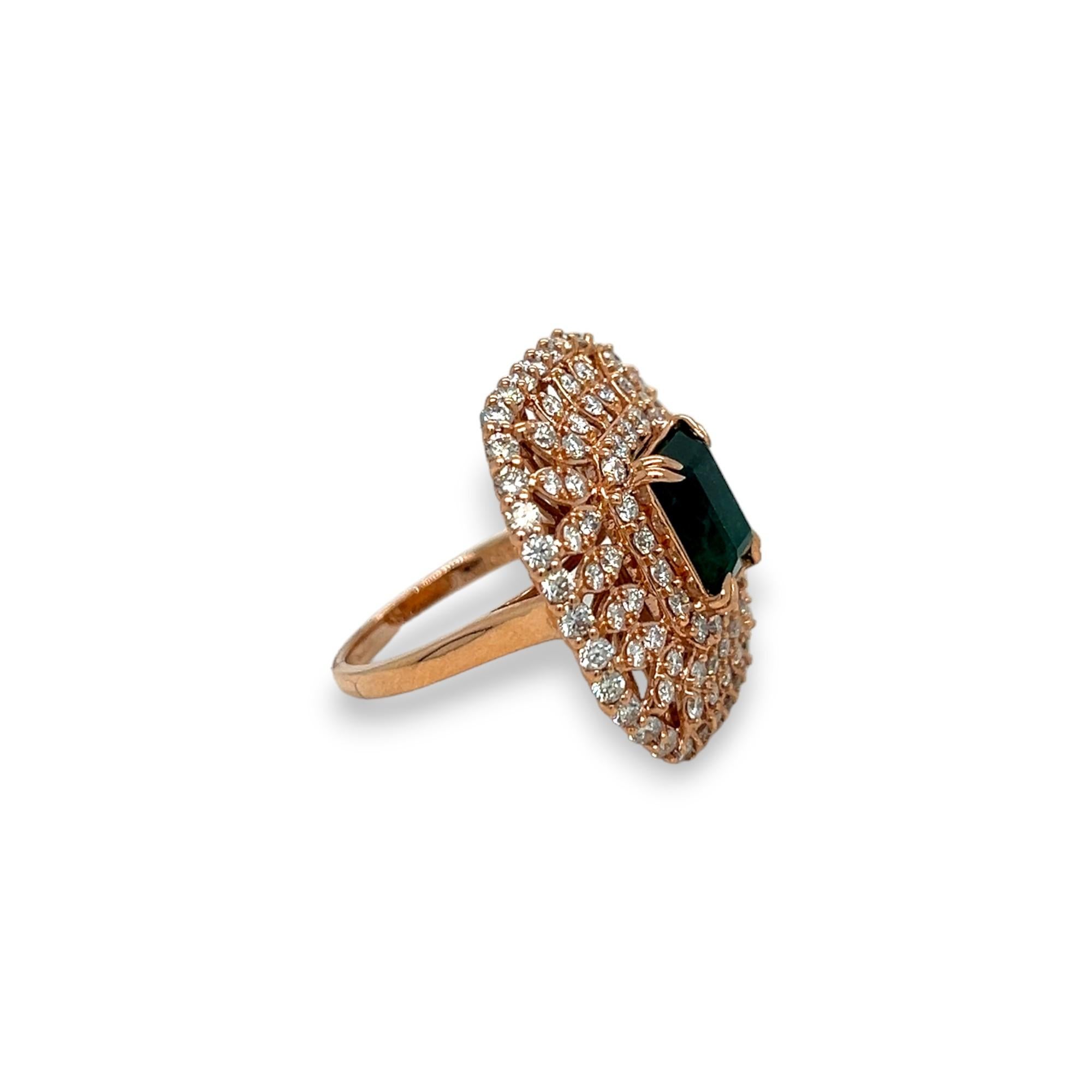 Emerald Cut Emerald and Diamond 14k Rose Gold Statement Ring For Sale