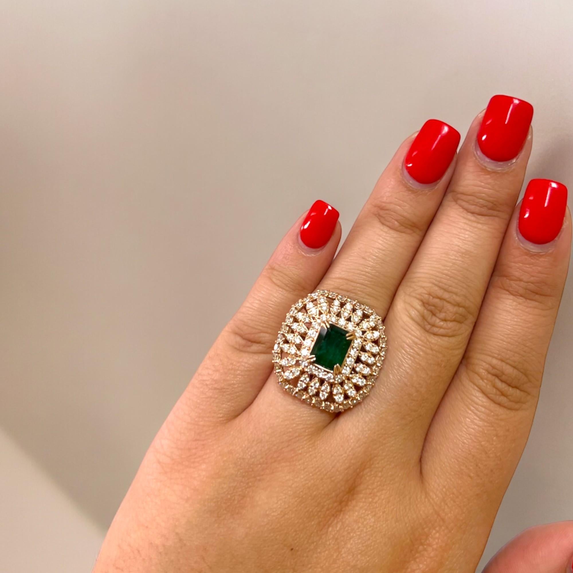 Women's or Men's Emerald and Diamond 14k Rose Gold Statement Ring For Sale
