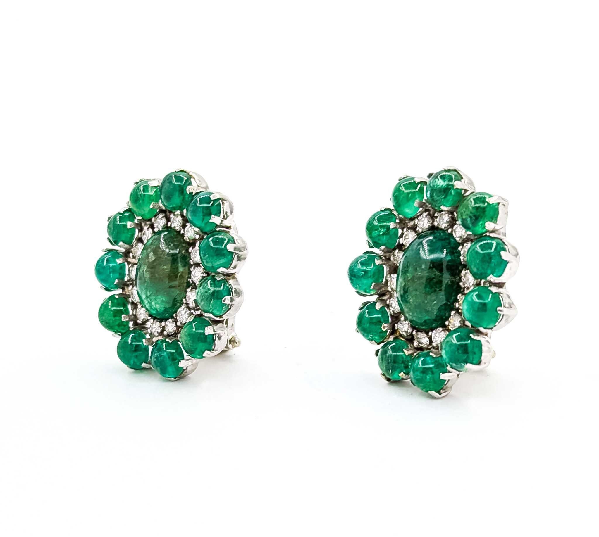 Contemporary Emerald and Diamond 14k White Gold Earrings For Sale