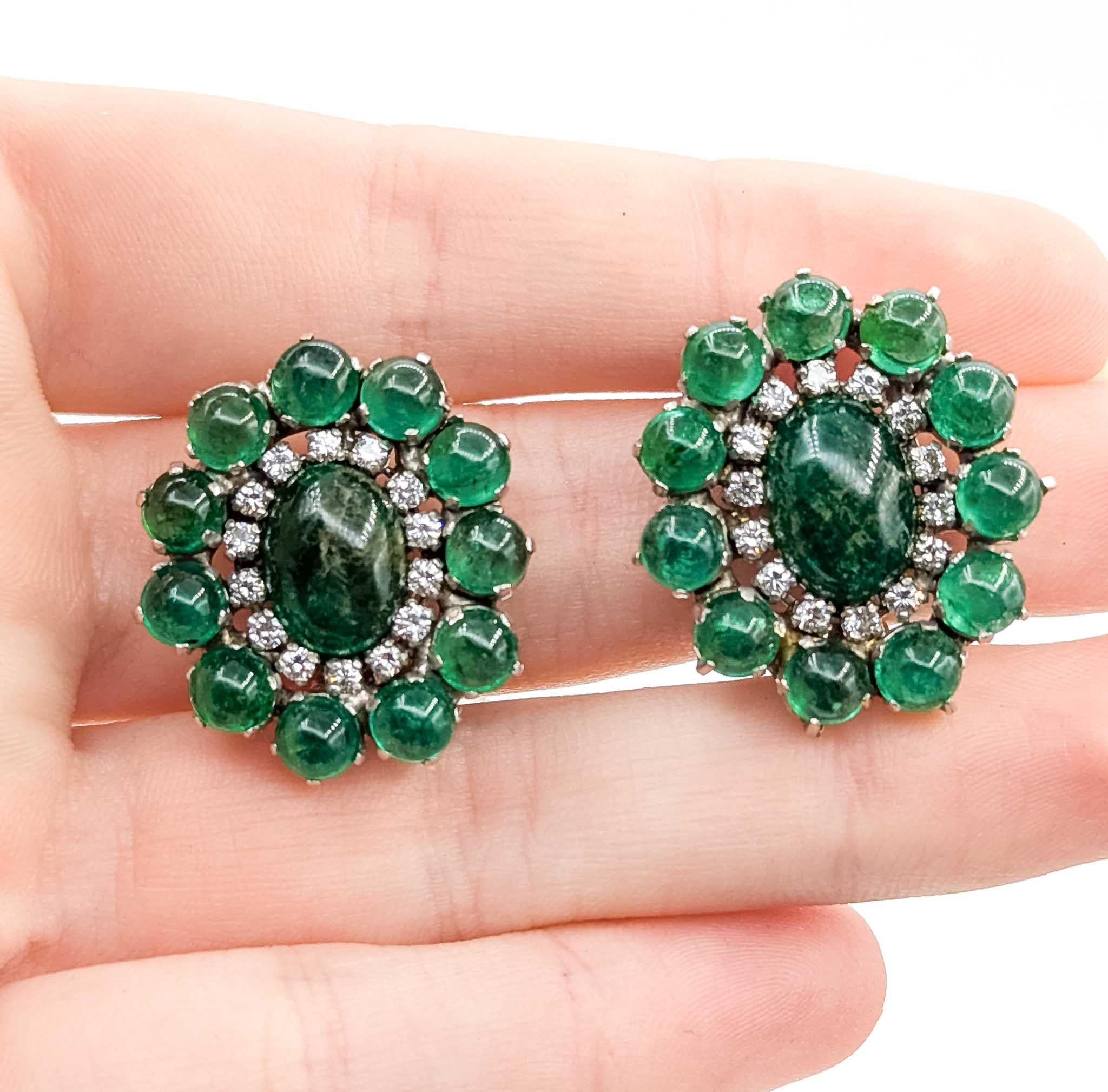 Round Cut Emerald and Diamond 14k White Gold Earrings For Sale