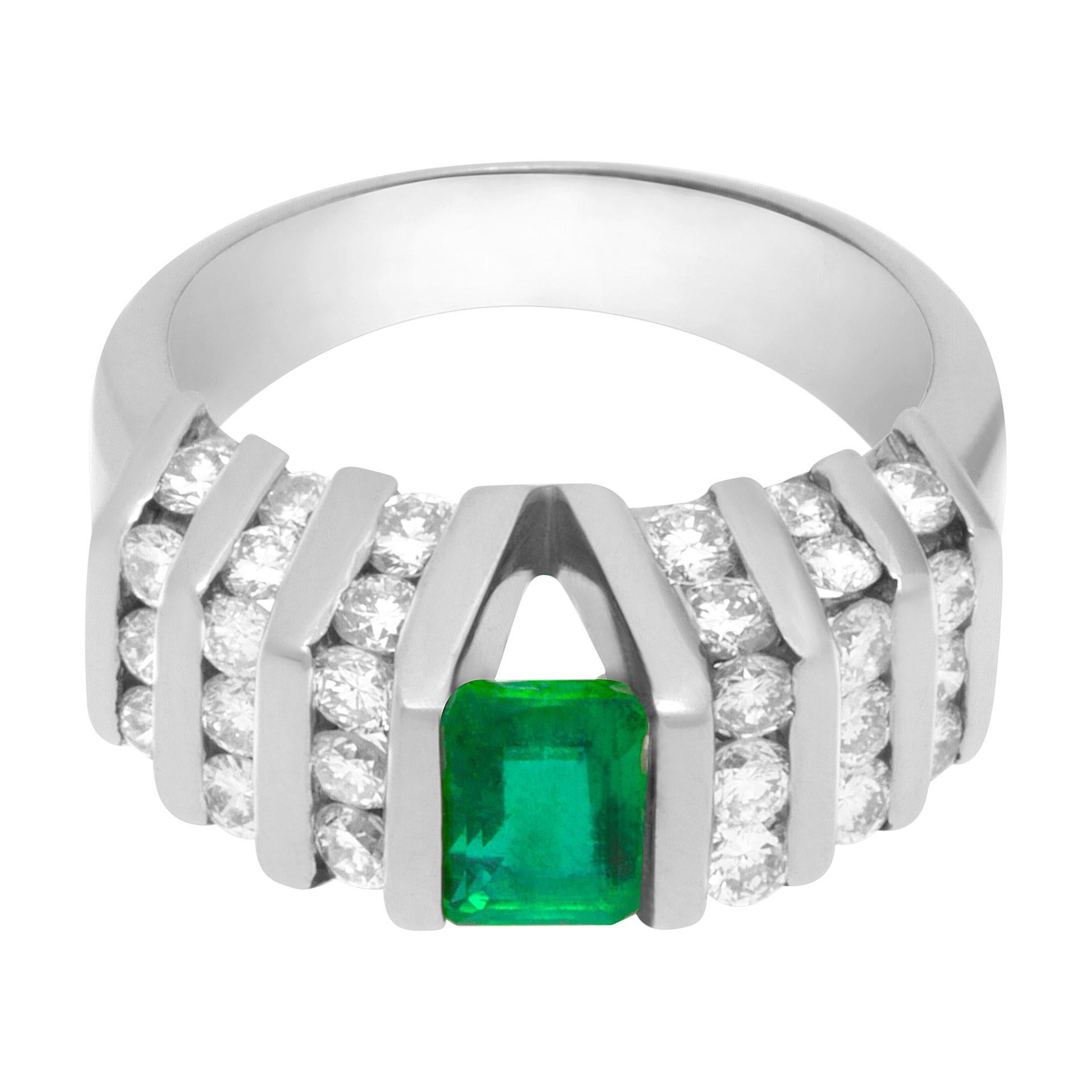 Emerald and diamond 14k white gold ring