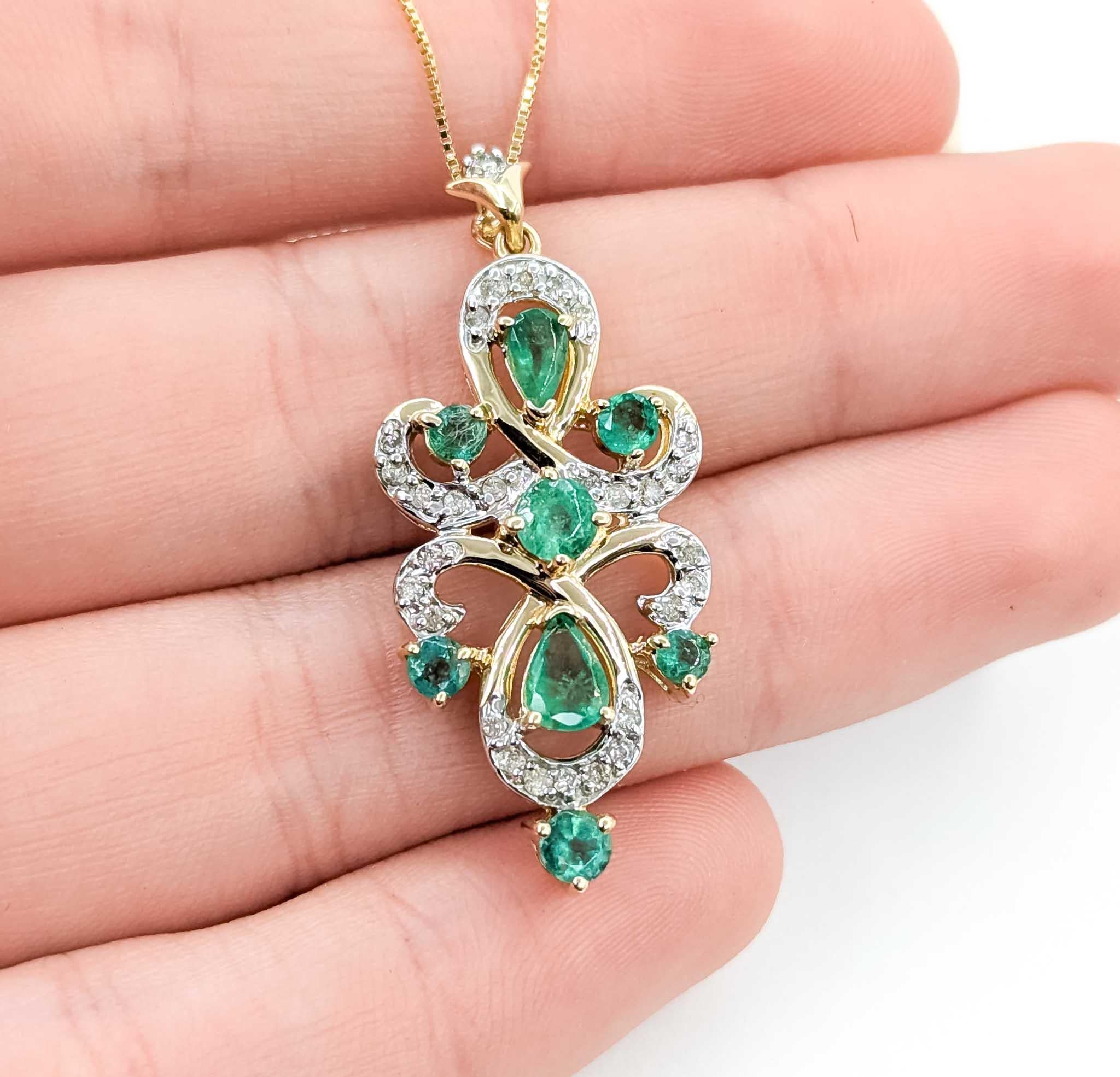 Contemporary Emerald and Diamond 14k Yellow Gold Pendant For Sale