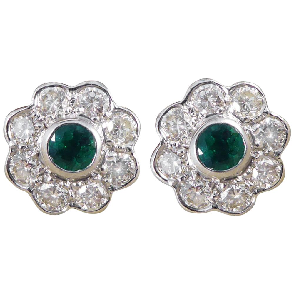 Emerald and Diamond 18 Carat White Gold Cluster Earrings