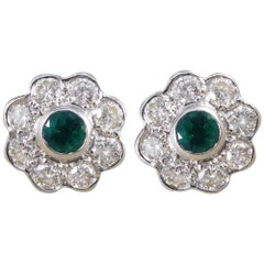 Vintage Emerald and Diamond 18 Carat White Gold Cluster Earrings