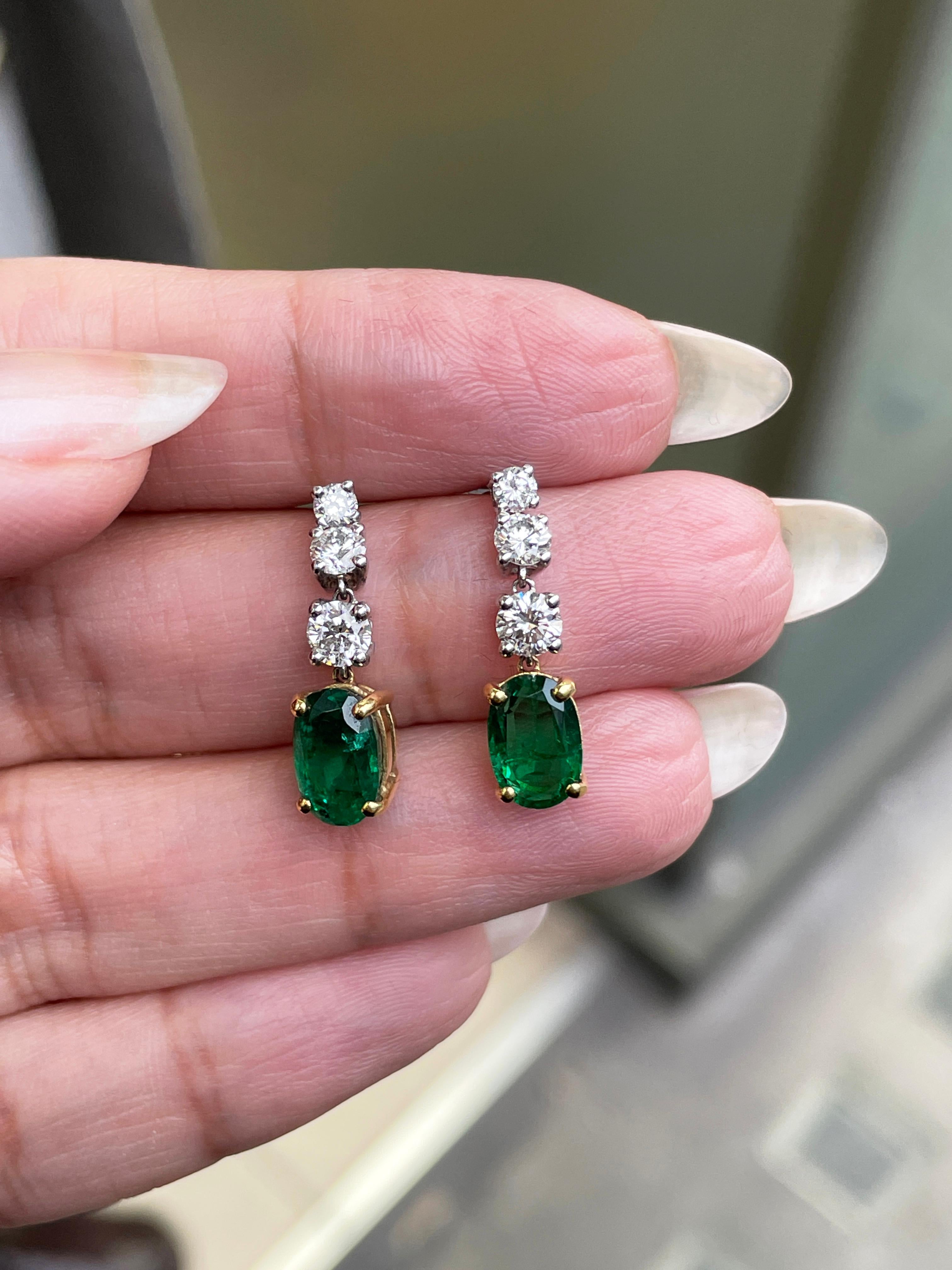 Oval Cut Emerald and Diamond 18 Carat White & Yellow Gold Dangle Earrings For Sale