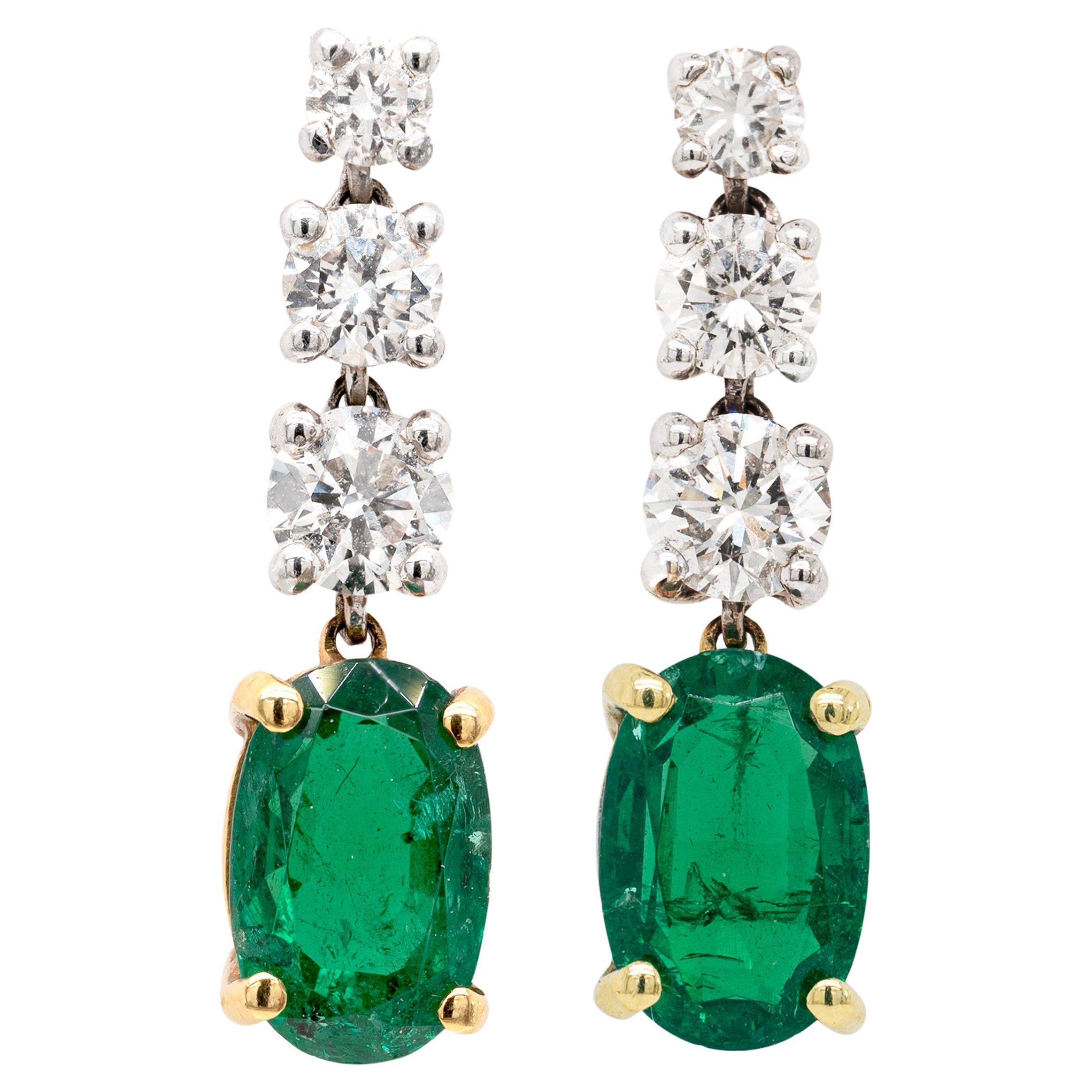 Emerald and Diamond 18 Carat White & Yellow Gold Dangle Earrings