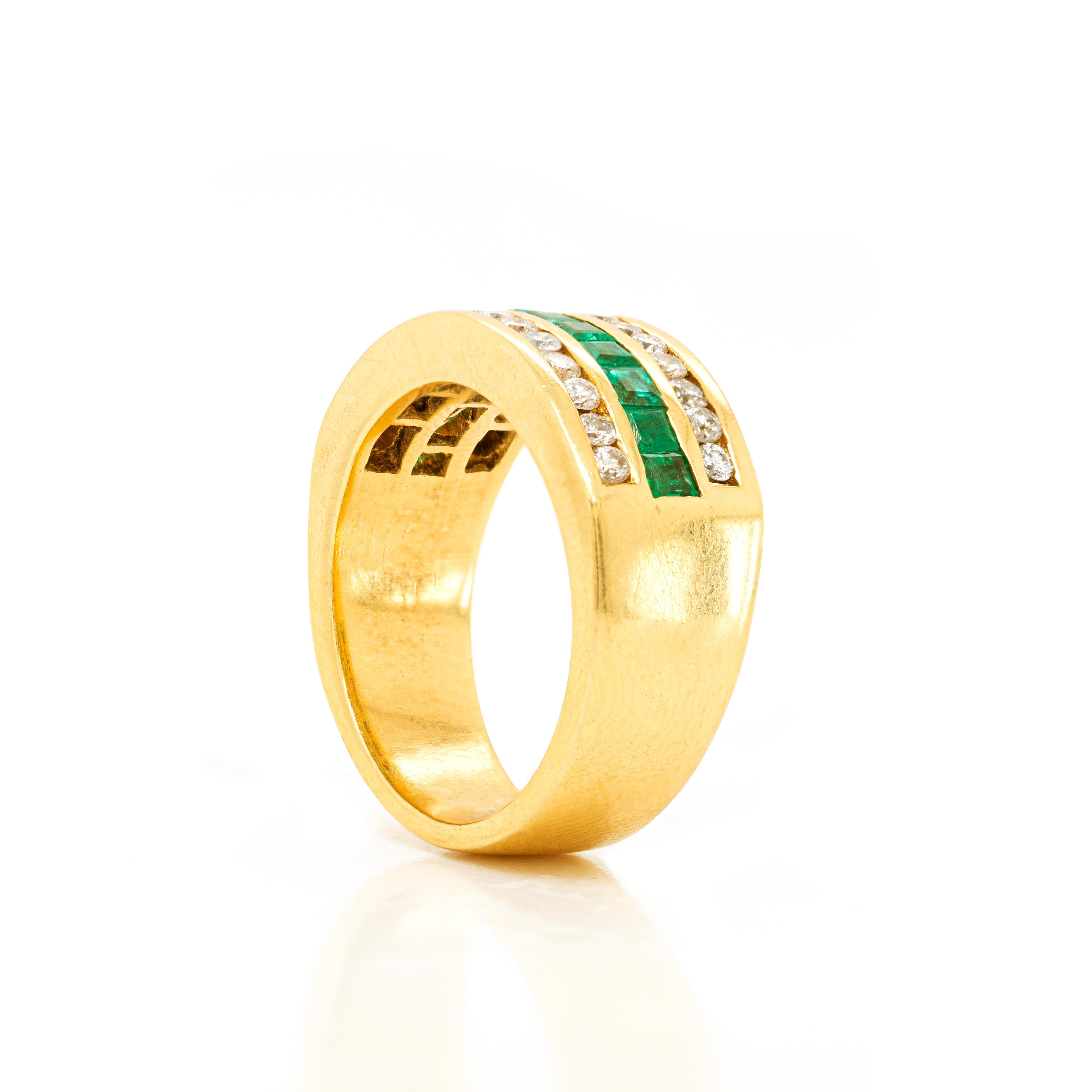 Modern Emerald and Diamond 18 Carat Yellow Gold Half Eternity Band Ring For Sale