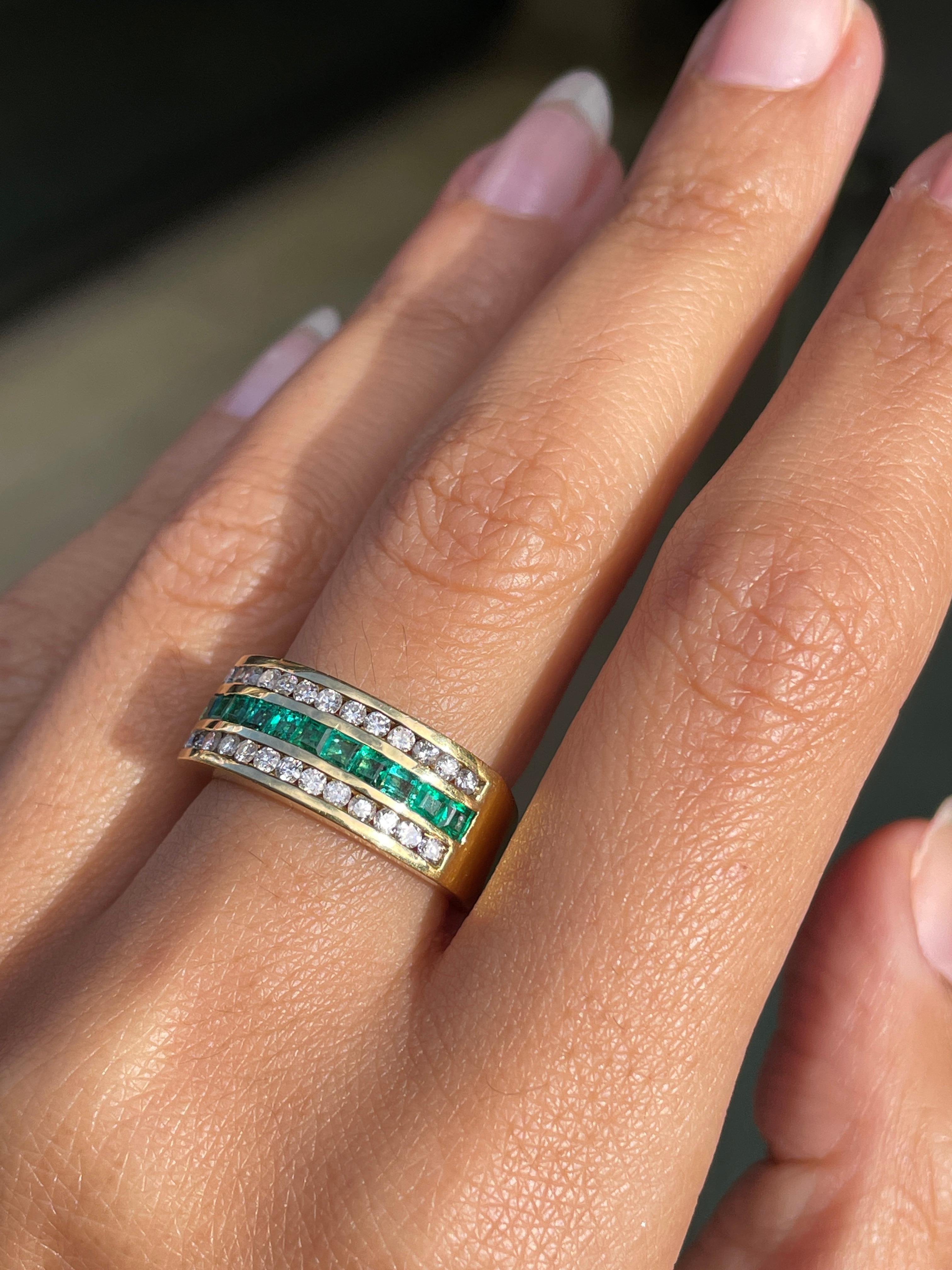 Women's or Men's Emerald and Diamond 18 Carat Yellow Gold Half Eternity Band Ring For Sale