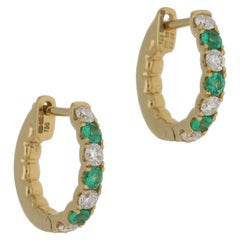 Emerald and Diamond 18 Carat Yellow Gold Hoop Earrings